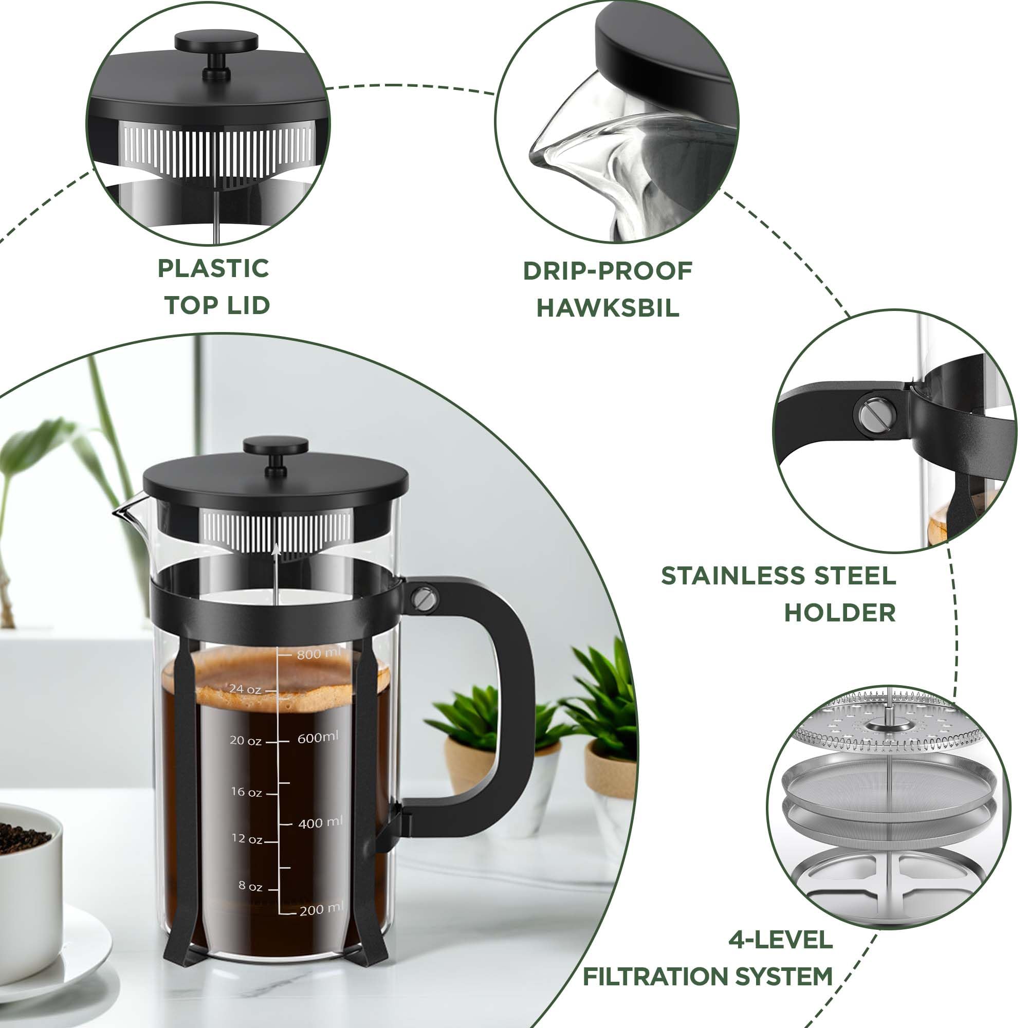 Premium Stainless Steel French Press Coffee Maker - 34oz (1L) Borosilicate Glass, Heat Resistant for Hot & Cold Brew Coffee, Tea, Espresso | Perfect for Home, Office, Camping & Gifts