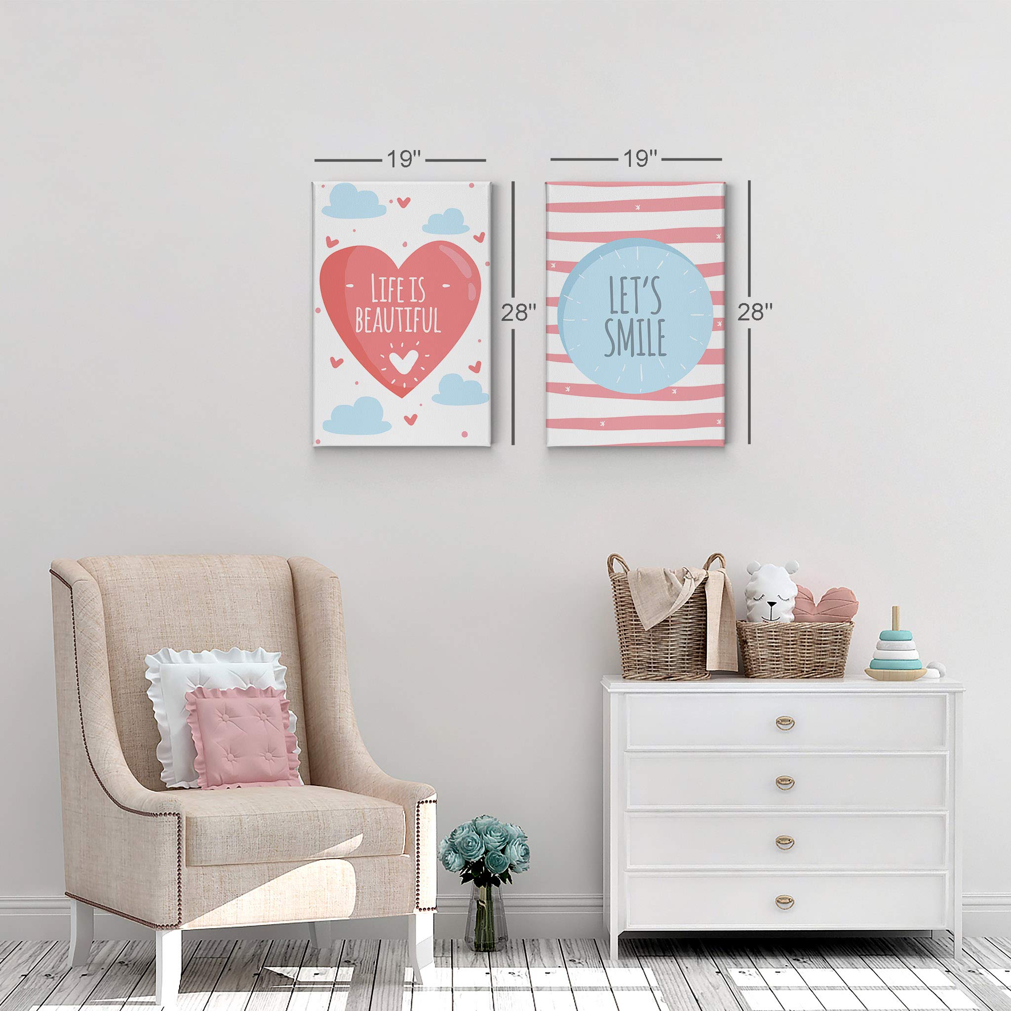 Life is Beautiful Let's Smile Motivational Quote 2-Piece Canvas Wall Art Set - Heart Design for Kids Room Decor, Nursery, Baby Boy & Girl Bedroom - Made in USA (40x30 Inches, Rolled) - Perfect for Birthday Gifts & Nursery Wall Decor
