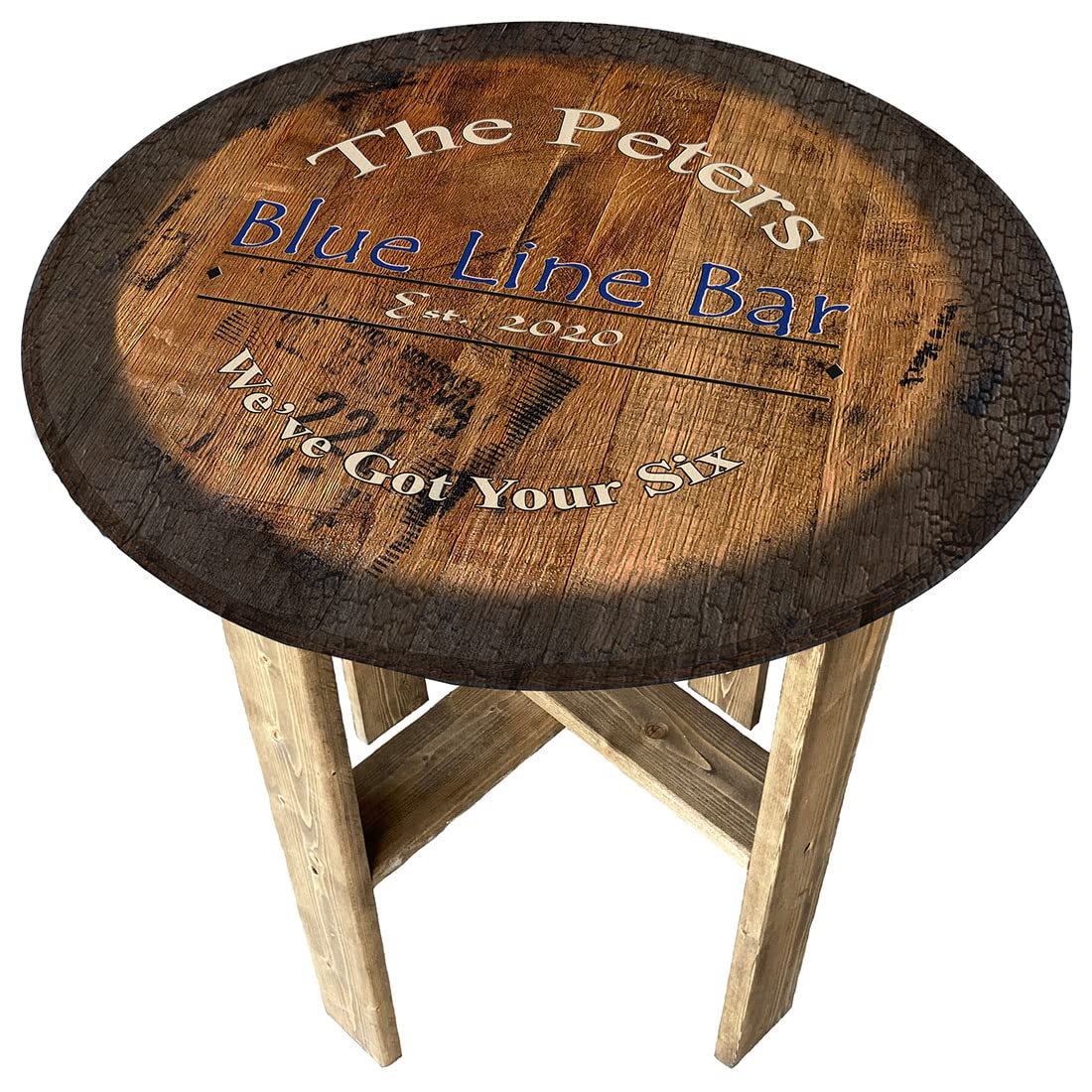 Blue Line Police Decor Whiskey Barrel End Table - Rustic Farmhouse Style Side Table for Living Room, Bedroom & Office