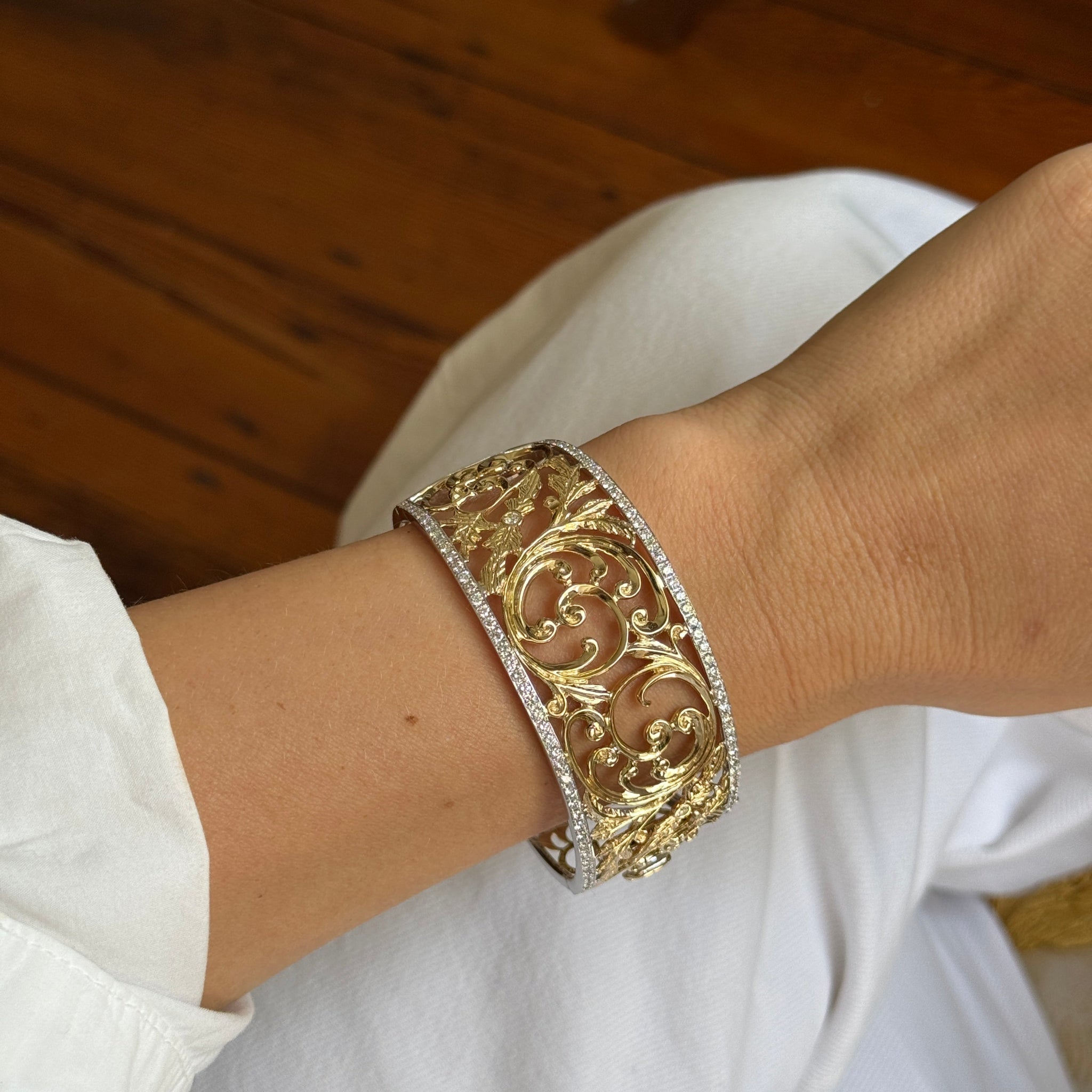 2ctw Diamond Accent 14K Gold Openwork Scroll Cuff Bangle Bracelet for Women - Elegant Jewelry Gift for Anniversary, Wedding & Special Occasions
