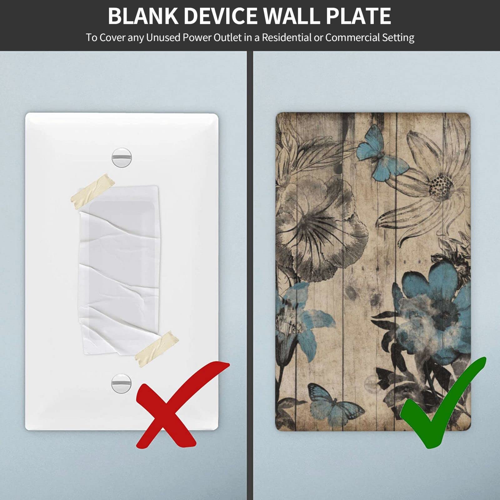 Blue Wood Floral Decorative Light Switch Cover - Single Gang Blank Plastic Wall Plate for Electrical Outlets - Perfect for Kids Bedroom, Bathroom & Home Decor