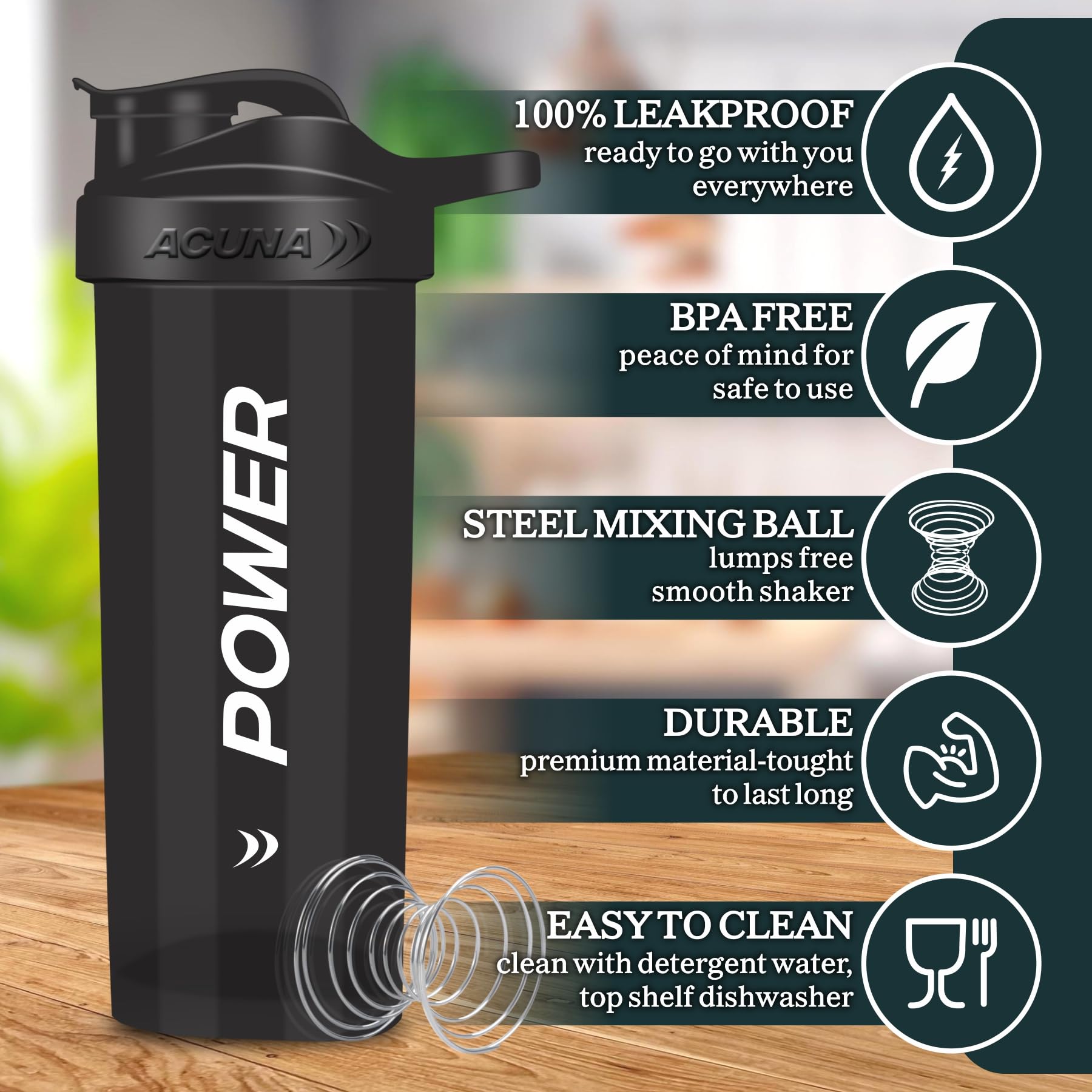 ACUNA POWER 700ml Protein Shaker Bottle - BPA Free, Leak Proof, Secure Screw Cap - Ideal for Gym, Workout & Sports Nutrition (2 Pack, Black) - Perfect for Protein Powder, Pre-Workout & Meal Replacement Drinks