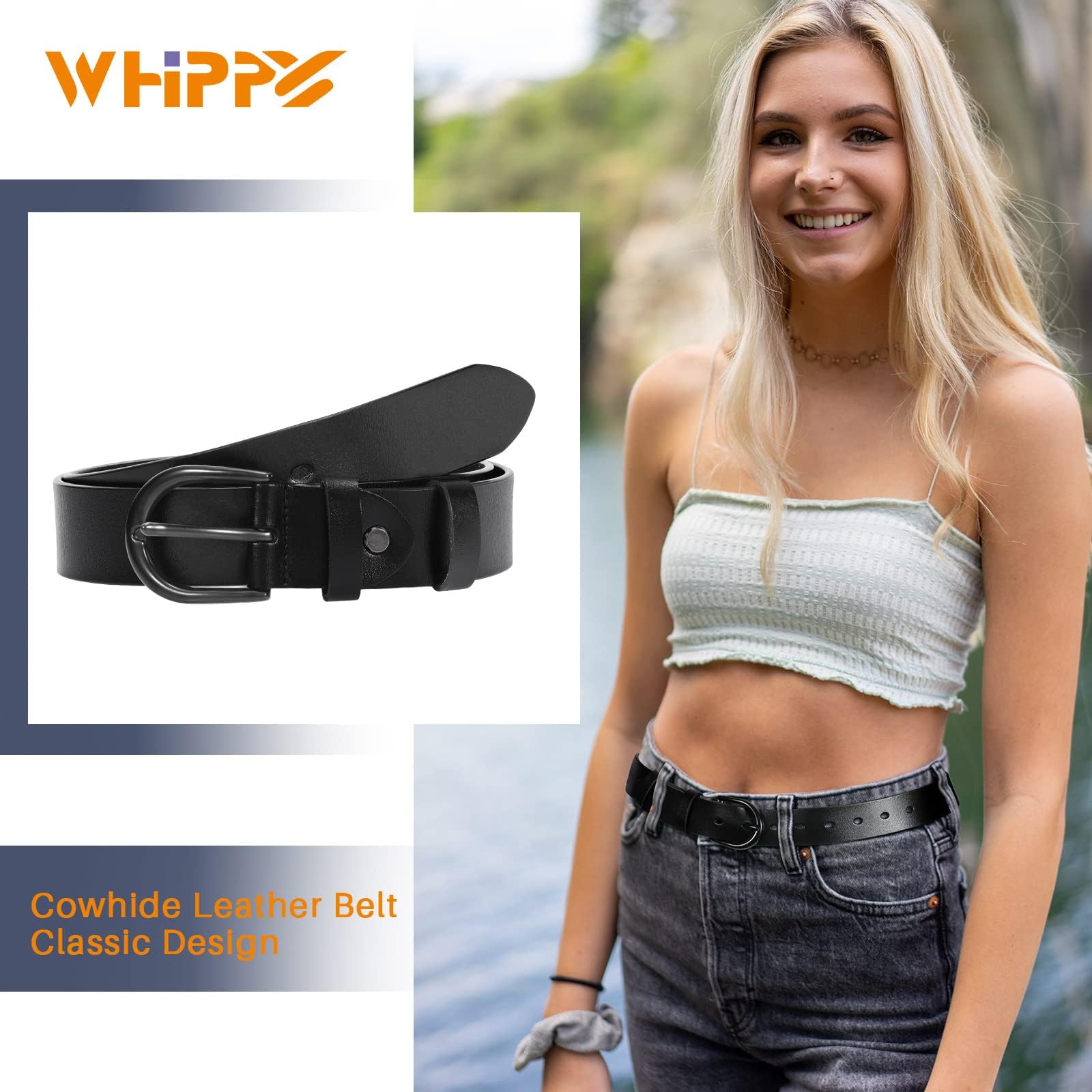 WHIPPY Women's Genuine Leather Belt for Jeans, Pants & Dresses - Adjustable Waist Belt with Decorative Pin Buckle (Black) - Perfect for Casual Outfits, Office Wear & Special Occasions