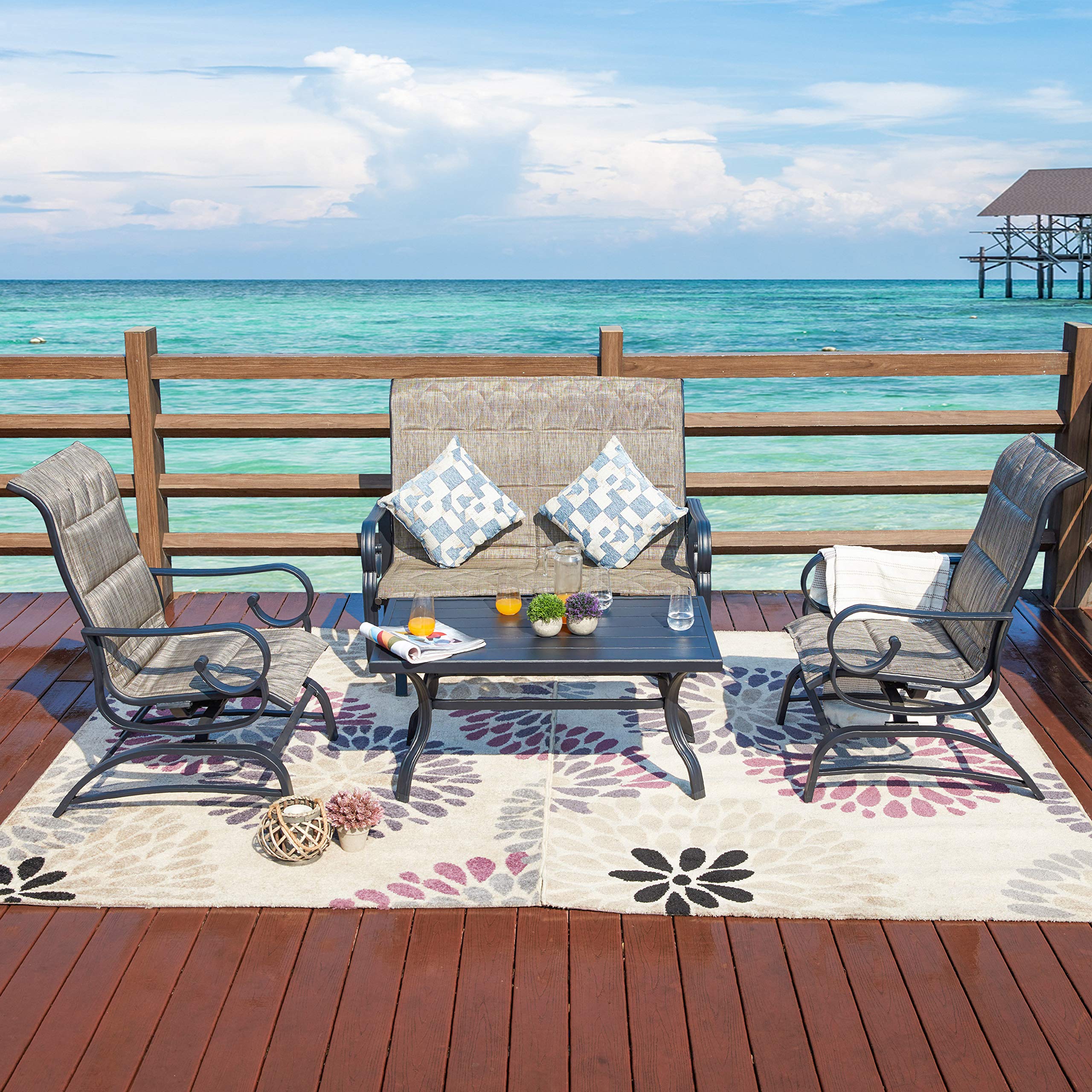 LOKATSE HOME 4-Piece Outdoor Patio Furniture Set - Metal Loveseat Glider, Single Chair & Coffee Table in Gray - Perfect for Garden, Backyard, Deck and Poolside Relaxation