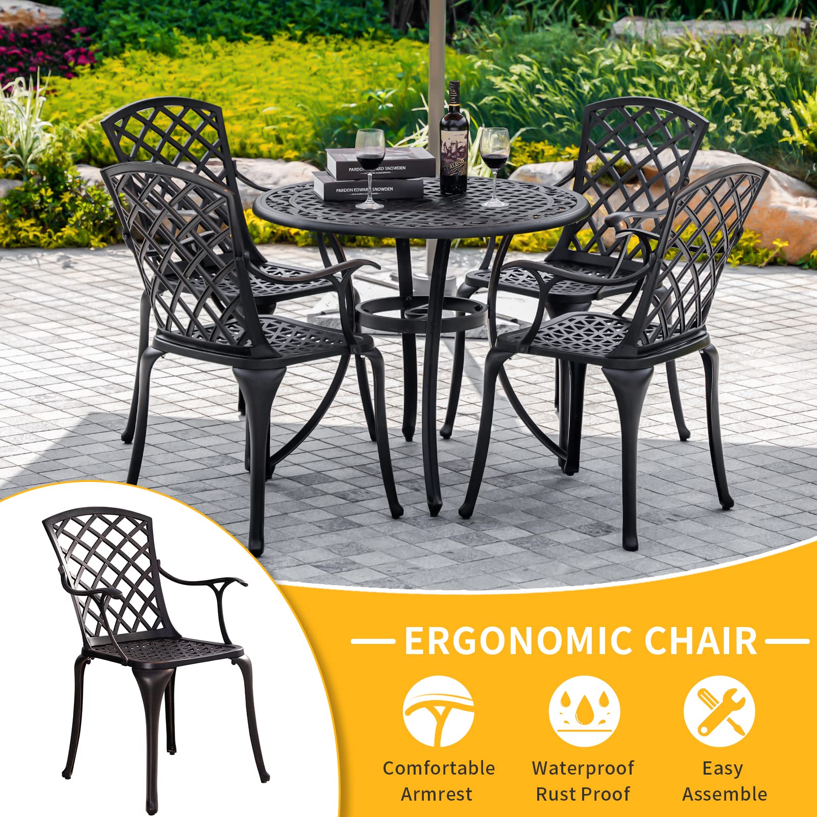 2-Piece Patio Dining Chairs Set - All-Weather Outdoor Bistro Chairs with Arms - Bronze Metal Garden Chairs for Backyard, Balcony, Deck & Restaurant Outdoor Seating - Perfect for Al Fresco Dining & Relaxing