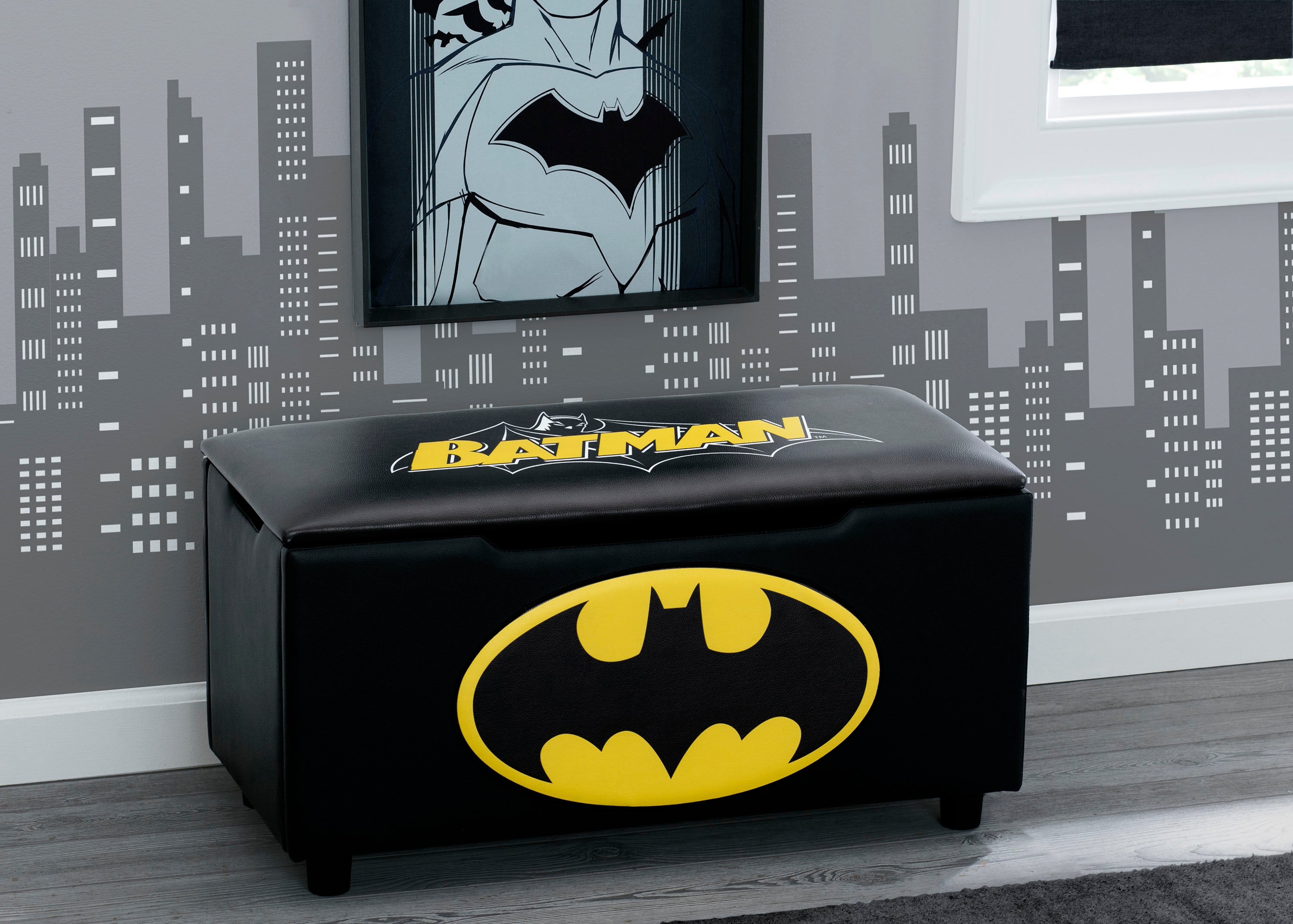 Batman Themed Kids Upholstered Storage Bench - Superhero Toy Organizer for Bedroom, Playroom & Nursery - Perfect for Toys, Books & Blankets Storage