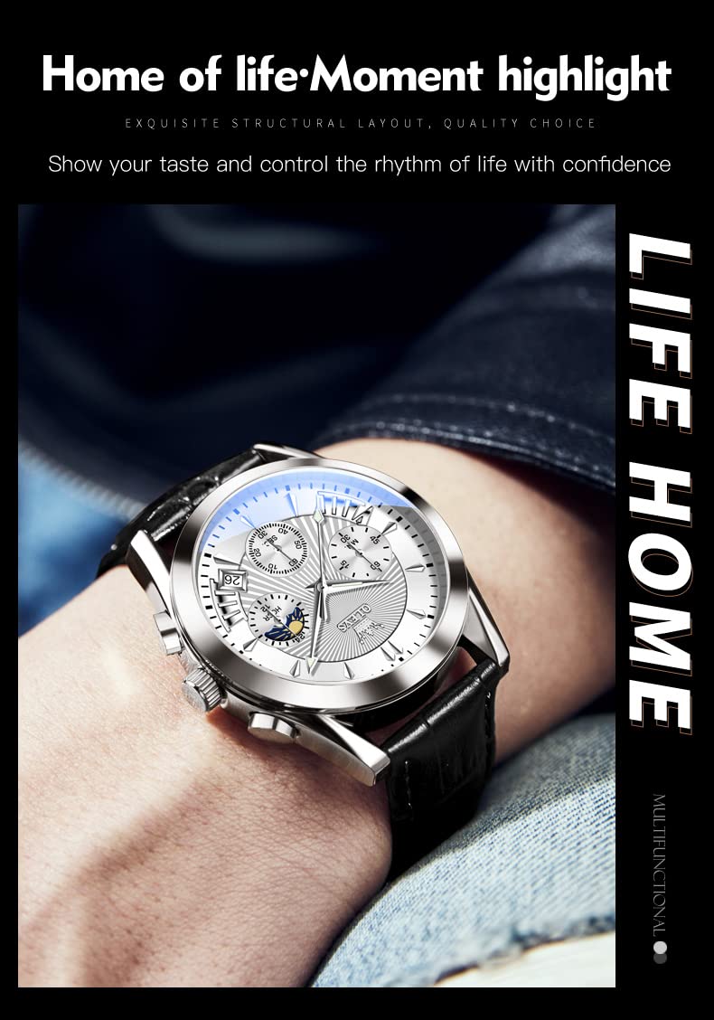 OLEVS Men's Chronograph Analog Quartz Watch - Waterproof, Luminous, Fashion Casual Dress Watch with Leather Strap - Black/Brown/White/Blue Dial Options (White Dial + Silver Case) - Perfect for Office, Business, Dating & Everyday Wear