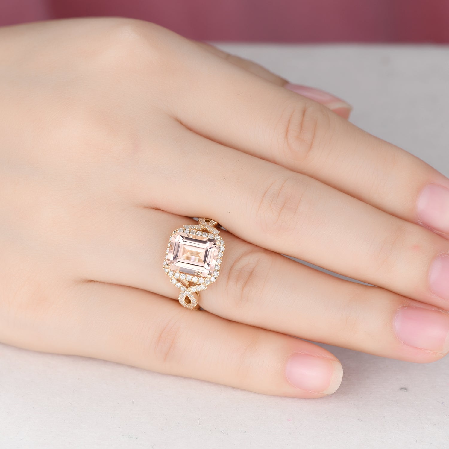 Vintage Emerald Cut Morganite Engagement Ring with Halo Diamond Split Shank Band - Elegant Wedding Jewelry for Brides, Anniversary Gifts & Proposal Scenes