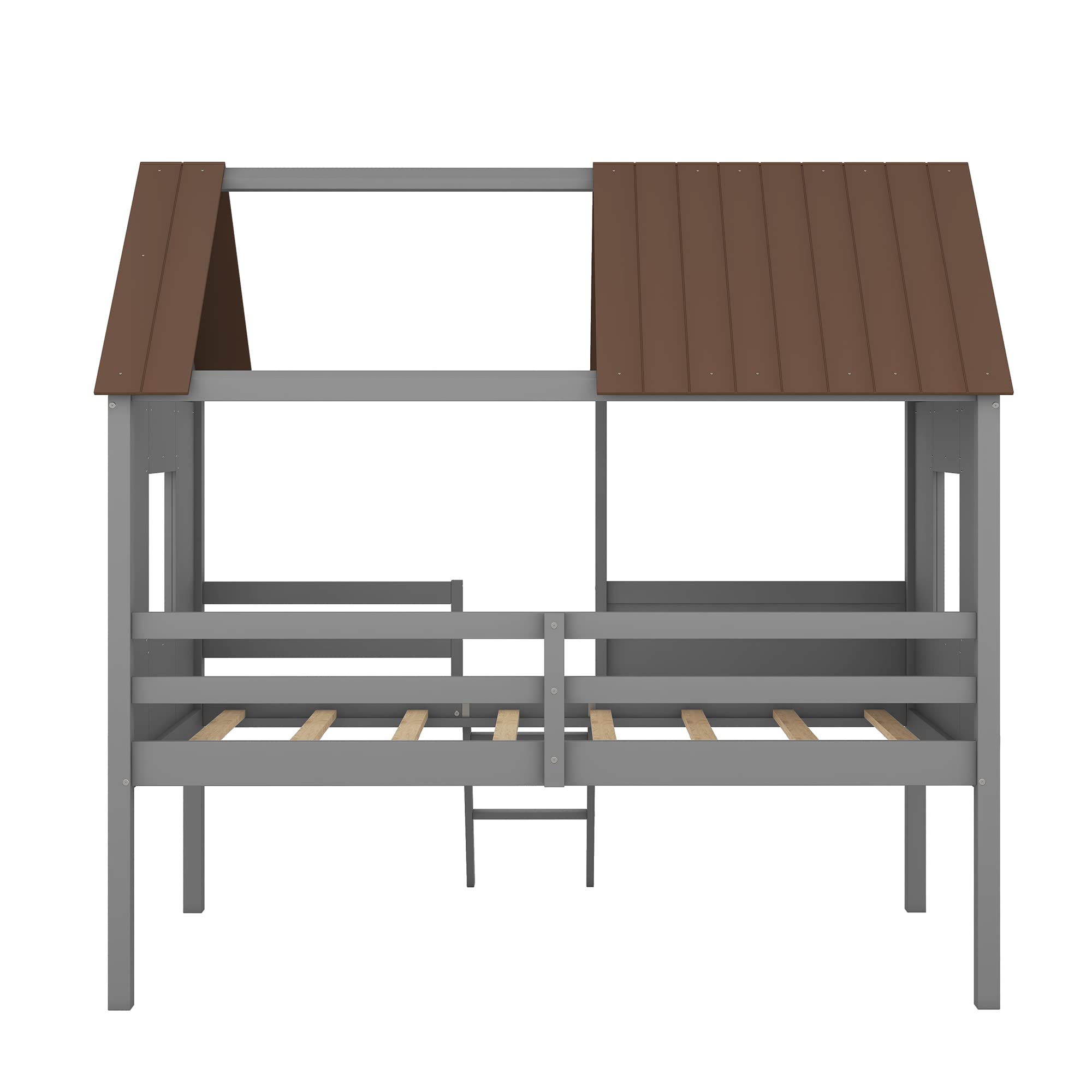Twin House Bed for Kids - Wooden Low Loft Bed Frame with Windows & Roof - Easy Assembly - Gray & Brown - Perfect for Small Bedrooms & Playrooms - Ideal for Boys & Girls Bedroom Decor