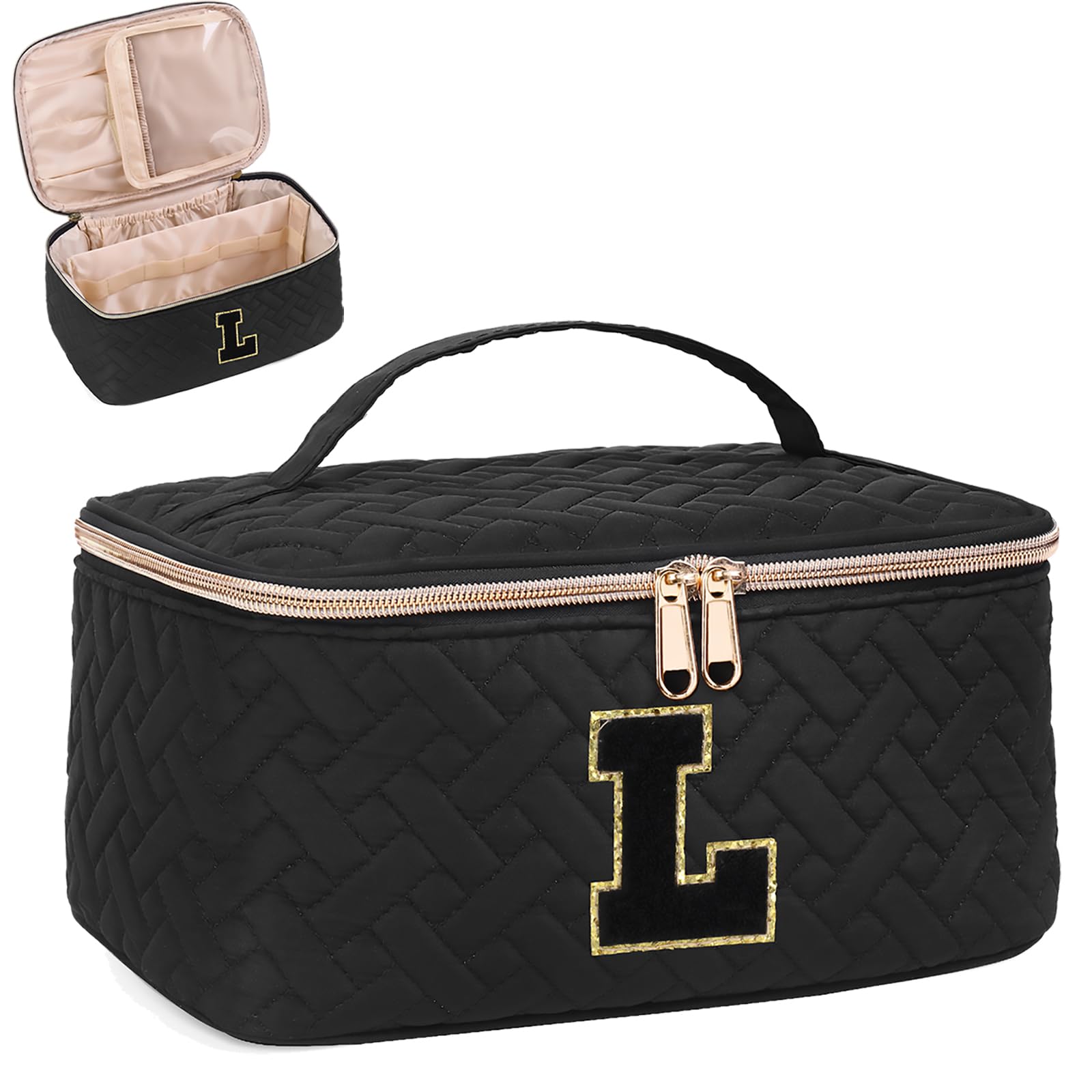 Personalized Chenille Letter Makeup Organizer Bag for Girls & Women - Custom Initial Cosmetic Pouch with Zipper | Trendy Preppy Quilted Portable Makeup Case | Perfect Birthday Gift for Teens & Friends (Large) | Great for Travel, School & Daily Beauty Essentials Storage