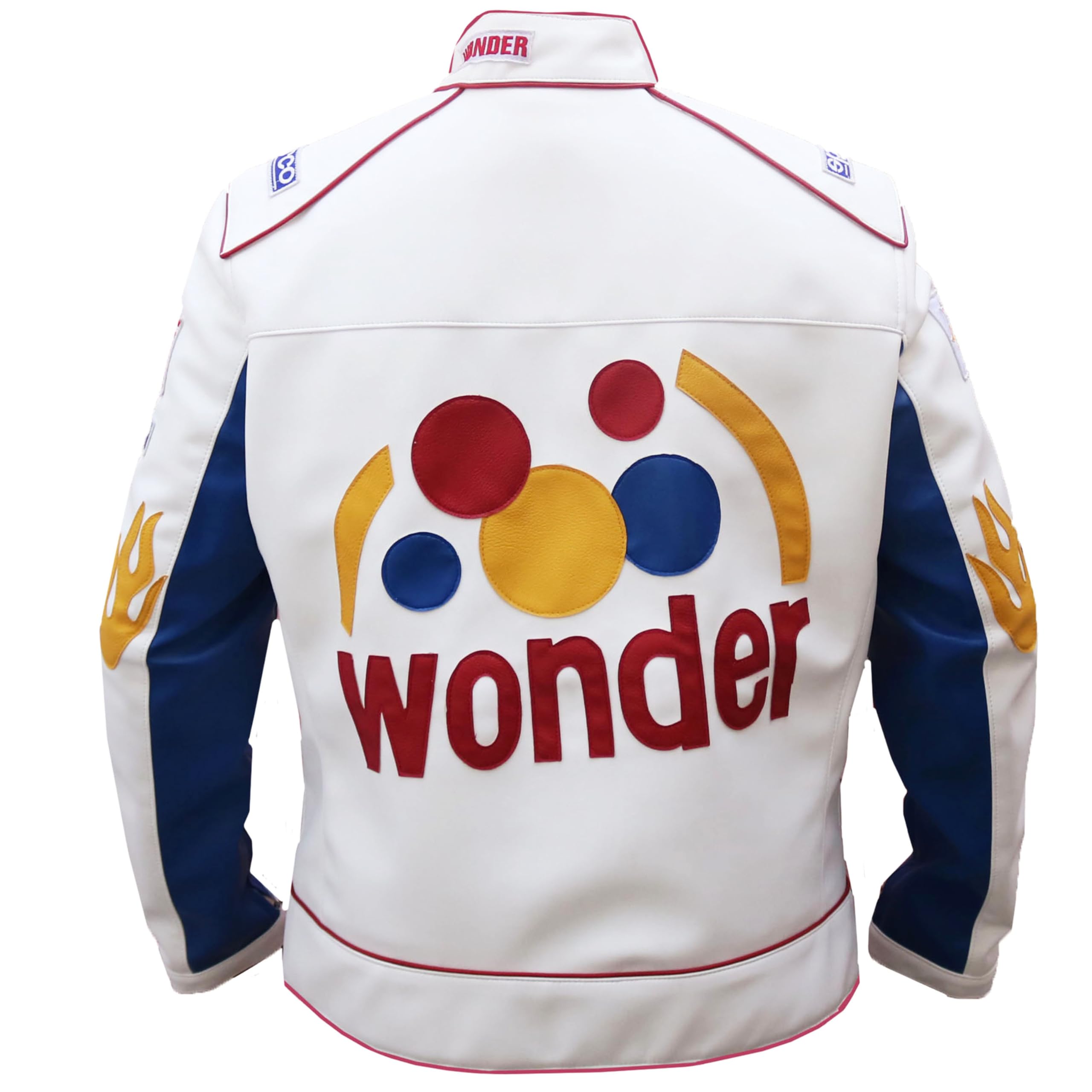 Ricky Bobby White Racing Jacket - Halloween Costume with White Patches | Faux Leather Motorcycle Racer Jacket for Men | Perfect for Halloween Parties, Cosplay & Bike Rides