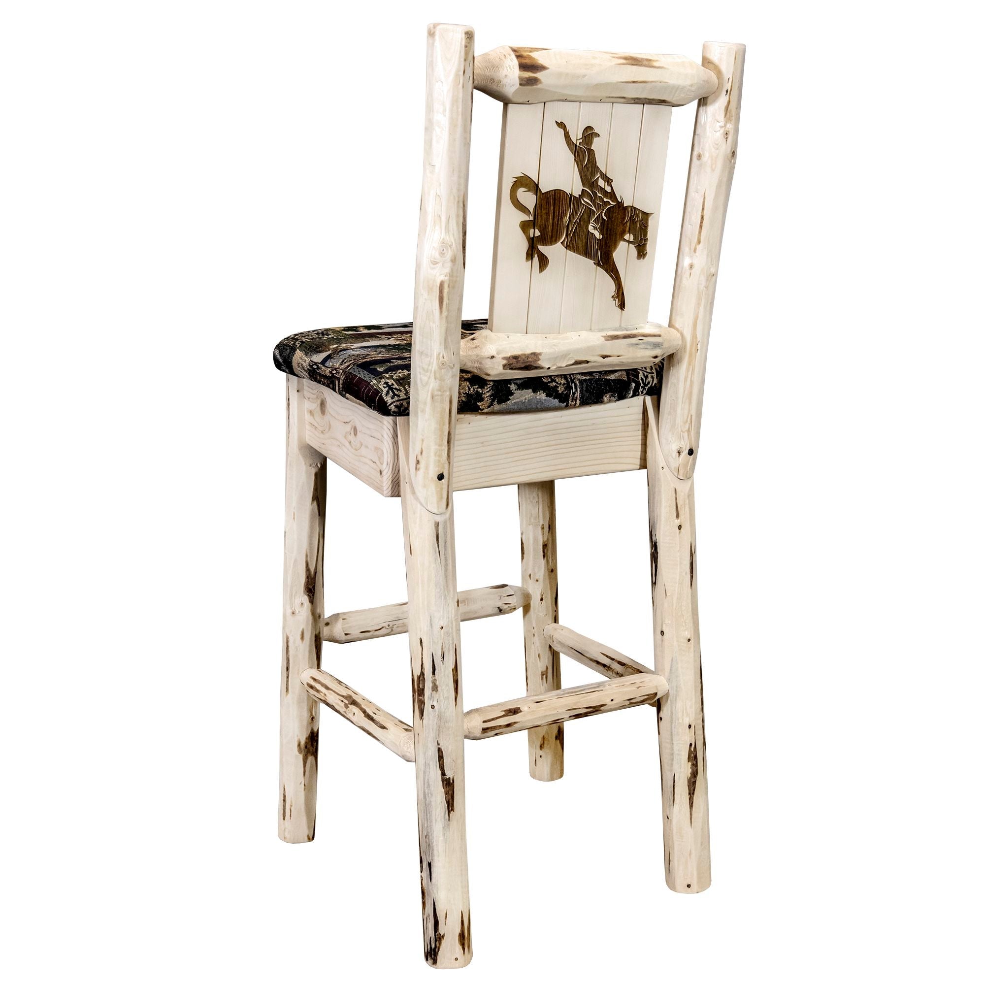 Montana Barstool - Rustic Woodland Upholstered Bar Stool with Laser Engraved Design & Clear Lacquer Finish - Perfect for Home Bars, Kitchen Islands, and Game Rooms