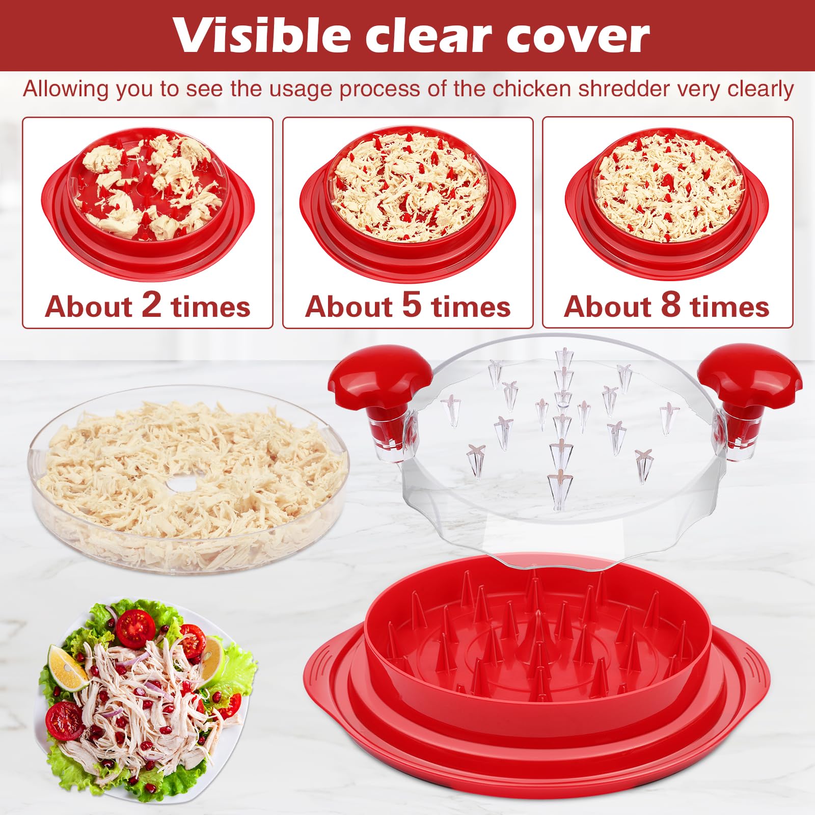 Manual Chicken Shredder Tool - Anti-Slip Meat Grinder with Transparent Lid & Tray Spacer | Ergonomic Handle, Dishwasher Safe, BPA-Free (Red) | Perfect for Pulled Chicken, Tacos, Sandwiches & Meal Prep