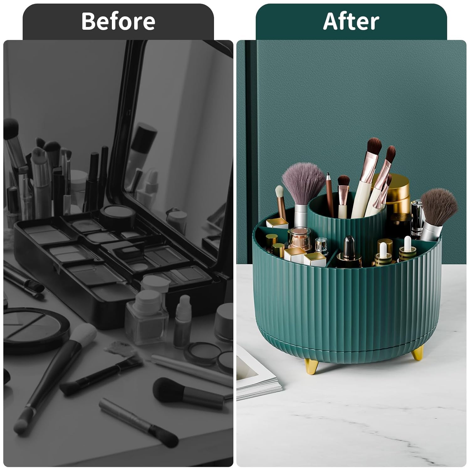 INKULTURE 360° Rotating Makeup Brush Holder Organizer - Countertop Vanity Storage for Cosmetics, Skincare & Beauty Tools | Green Cosmetic Brush Stand for Bathroom, Dressing Table & Desktop | Perfect for Makeup Artists & Beauty Enthusiasts