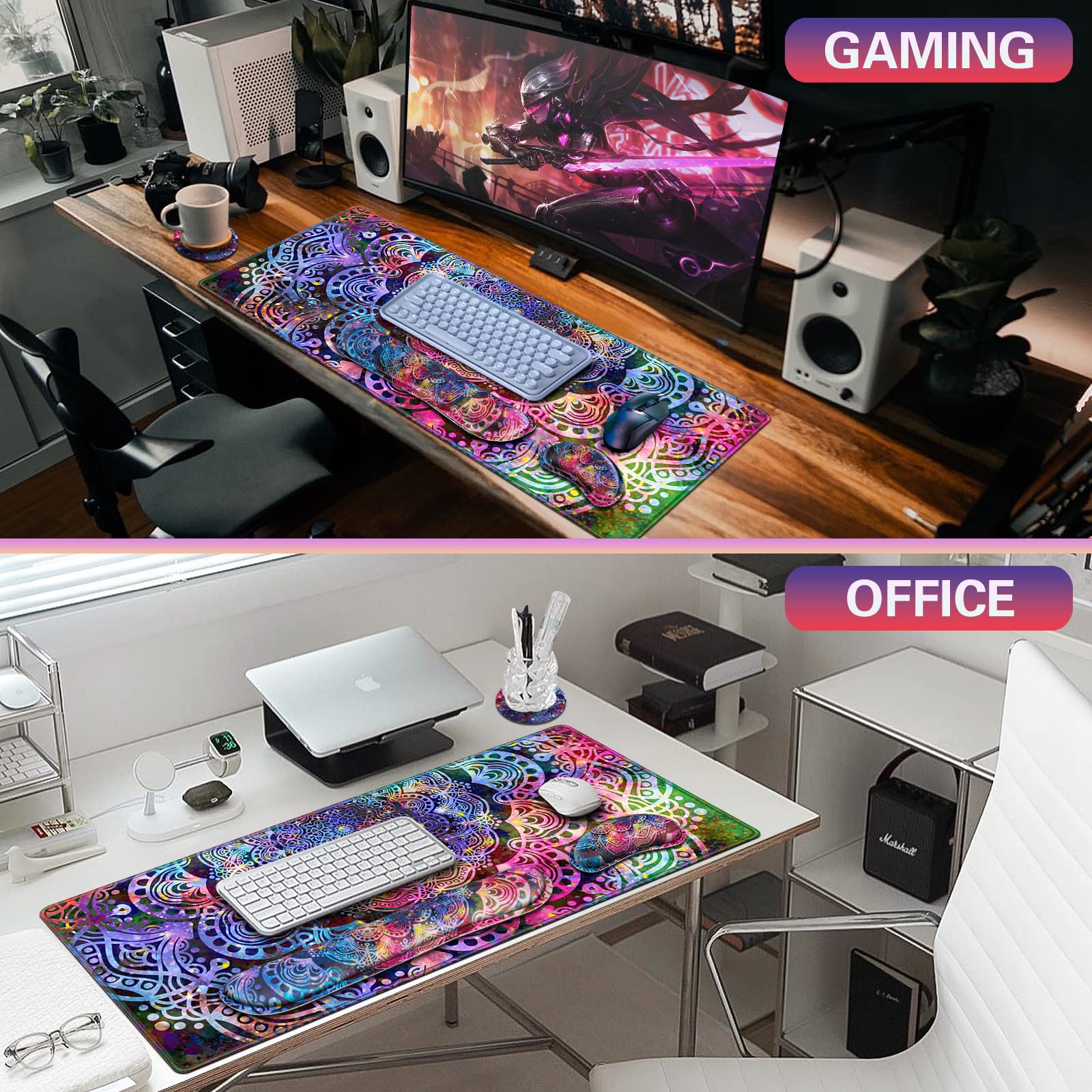 Canjoy 4-in-1 Gaming Mouse Pad Set - XXL Large Mouse Pad with Keyboard Wrist Rest & Coaster (35.4×15.7 in) - Non-Slip Memory Foam Desk Mat for PC Gaming, Office Work & Home Computer Setup - Perfect for Gamers & Professionals