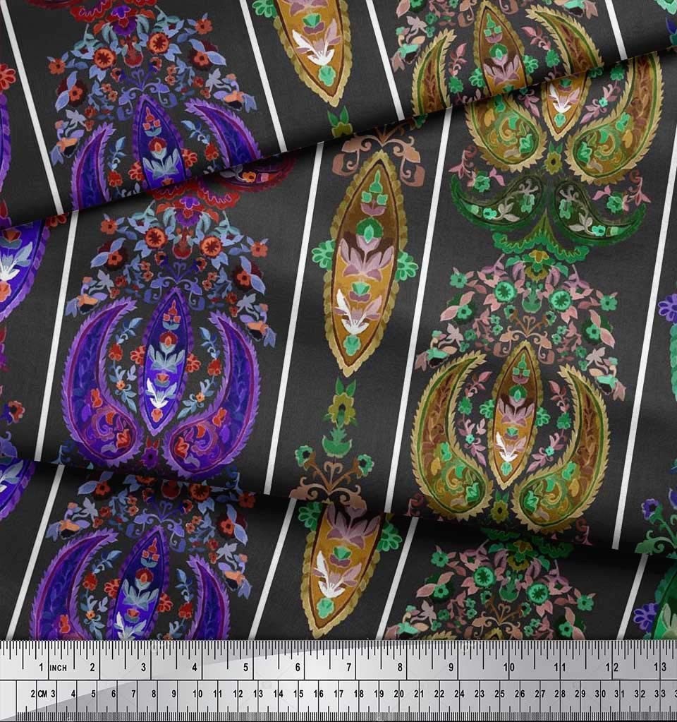 Soimoi Moss Georgette Brown Fabric by The Yard - 42 Inch Wide Stripe & Paisley Ethnic Print - Lightweight Chiffon Material for Dresses, Scarves & Home Decor - Fashionable Bohemian Style Fabric for DIY Sewing Projects