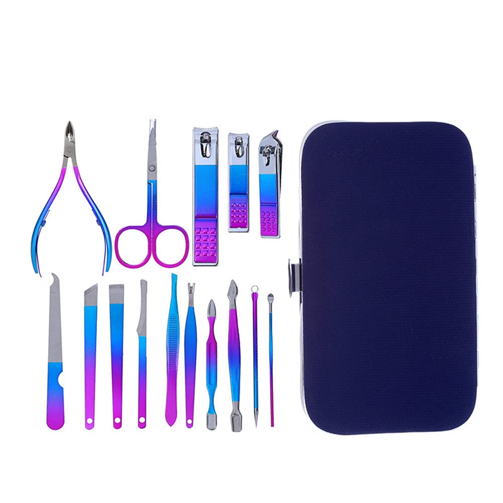 ZUOL 15-Piece Rainbow Manicure Set - Professional Stainless Steel Nail Clippers, Nail Files & Pedicure Tools in Blue Leather Case - Perfect for Home Salon, Travel & Professional Nail Care