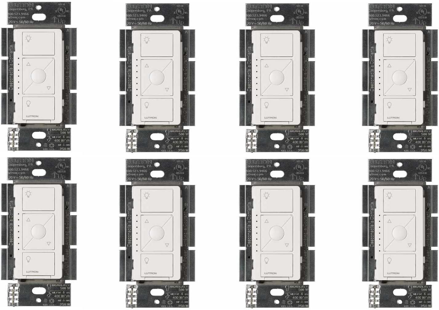 Lutron Caseta Smart Dimmer Switch ELV+ (Requires Lutron Hub) - 250W LED, Single-Pole/3-Way, Neutral Wire Needed - PD-5NE-WH 8-Pack in White - Perfect for Smart Home Lighting Control in Living Rooms, Bedrooms & Kitchens