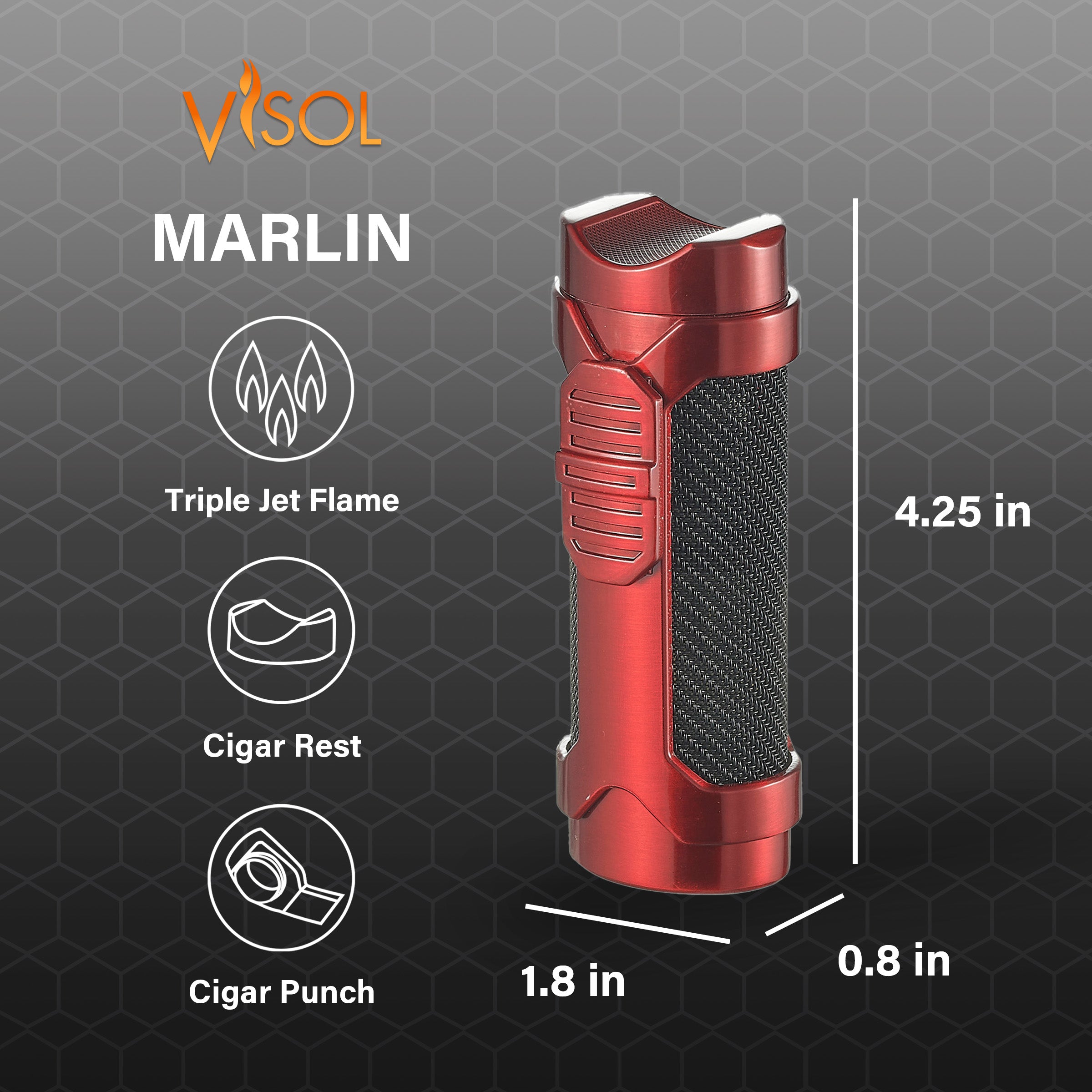 Visol Marlin Triple Flame Torch Lighter - Windproof Butane Lighter for Cigars, Camping & Outdoor Use (Red)