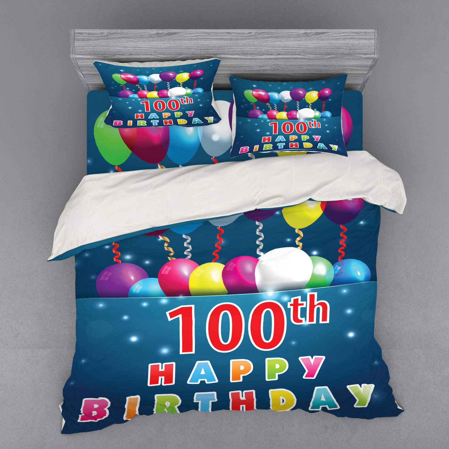 Ambesonne 100th Birthday Bedding Set - Colorful Balloons & Star Dots 4-Piece Duvet Cover with Shams & Fitted Sheet, King Size Blue & Navy - Perfect for Milestone Celebrations & Guest Room Decor
