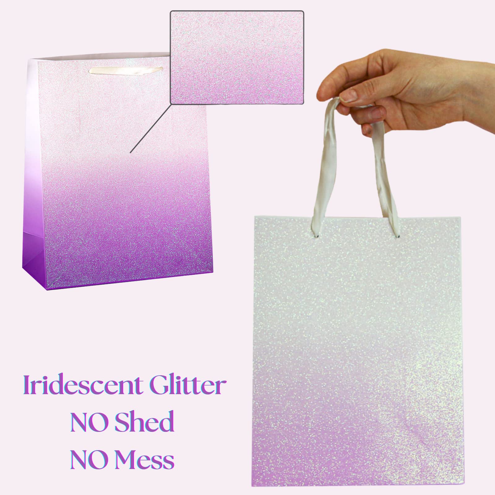 12Pcs Purple Glitter Ombre Gift Bags Bulk - 100% Recyclable Wrapping Paper Bags for Bridal Shower, Baby Shower, Wedding, Birthday Party Favors - Medium 9x7x4 inch - Perfect for Easter, Mother's Day & Thank You Gifts