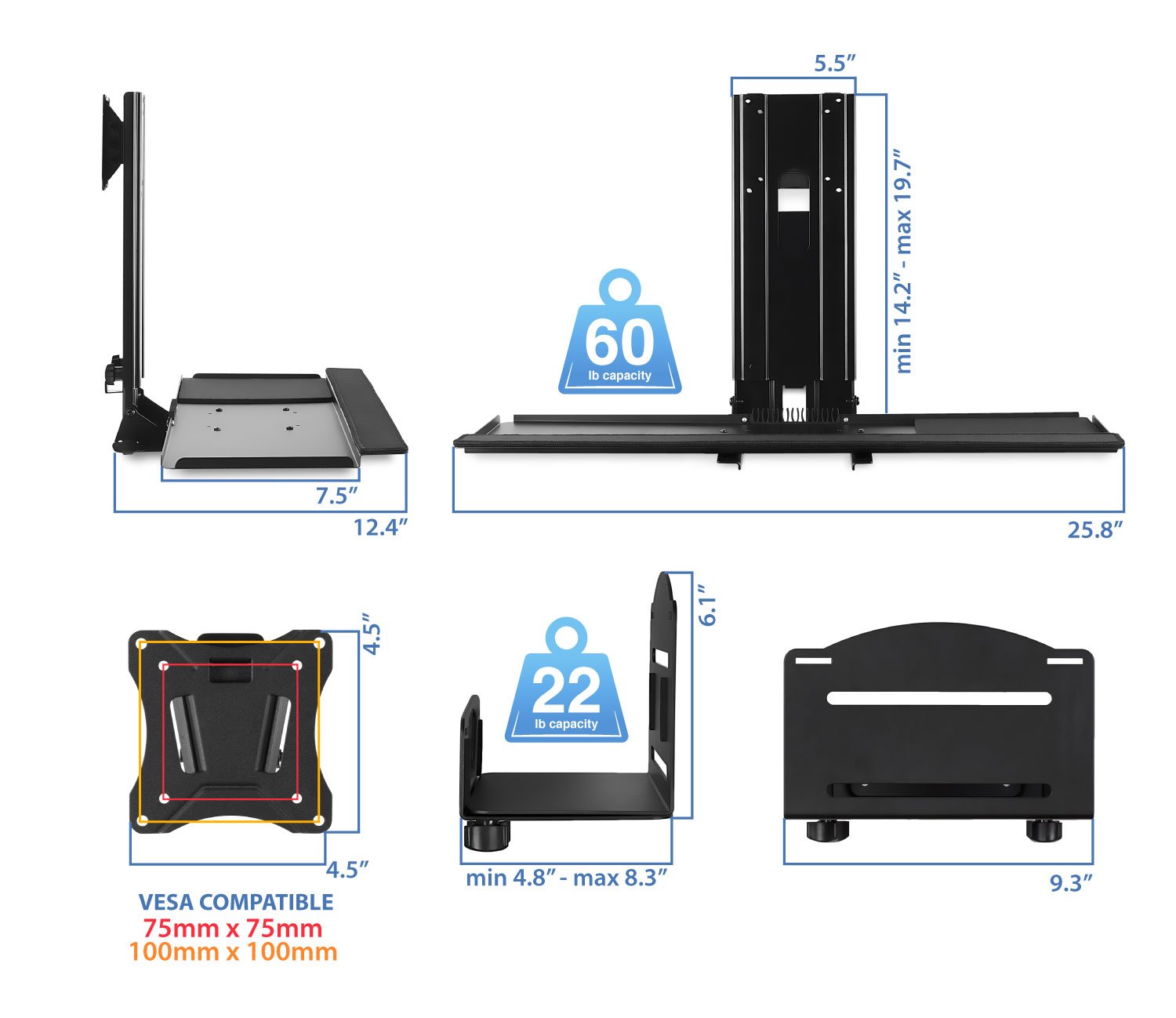 Mount-It! Adjustable Monitor & Keyboard Wall Mount with CPU Holder - 25
