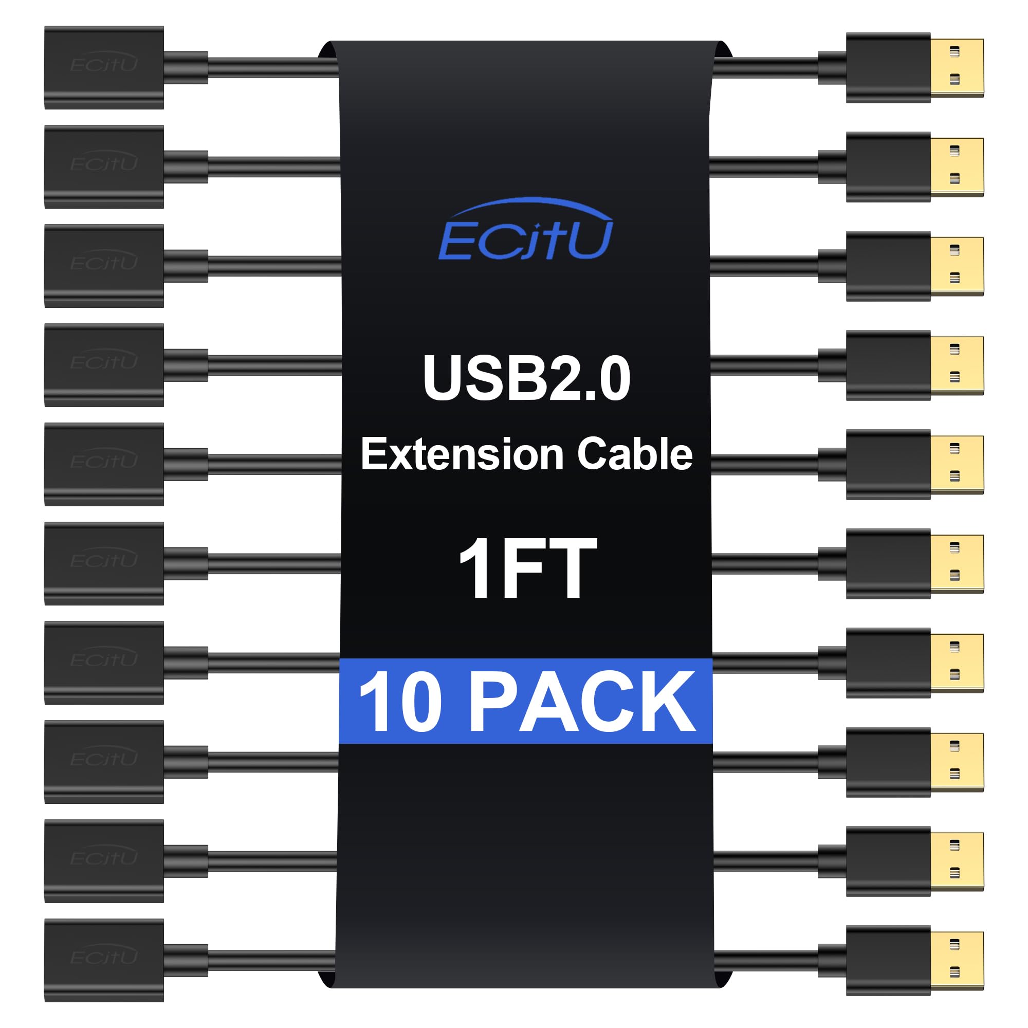 10-Pack 1FT USB 2.0 Extension Cable A Male to Female - High Speed Data Sync & Charging for Flash Drives, Hard Drives, Printers, Keyboards, Gaming Consoles (PS5, Xbox) & VR Headsets - Perfect for Home Office, Gaming Setup & PC Accessories Extension