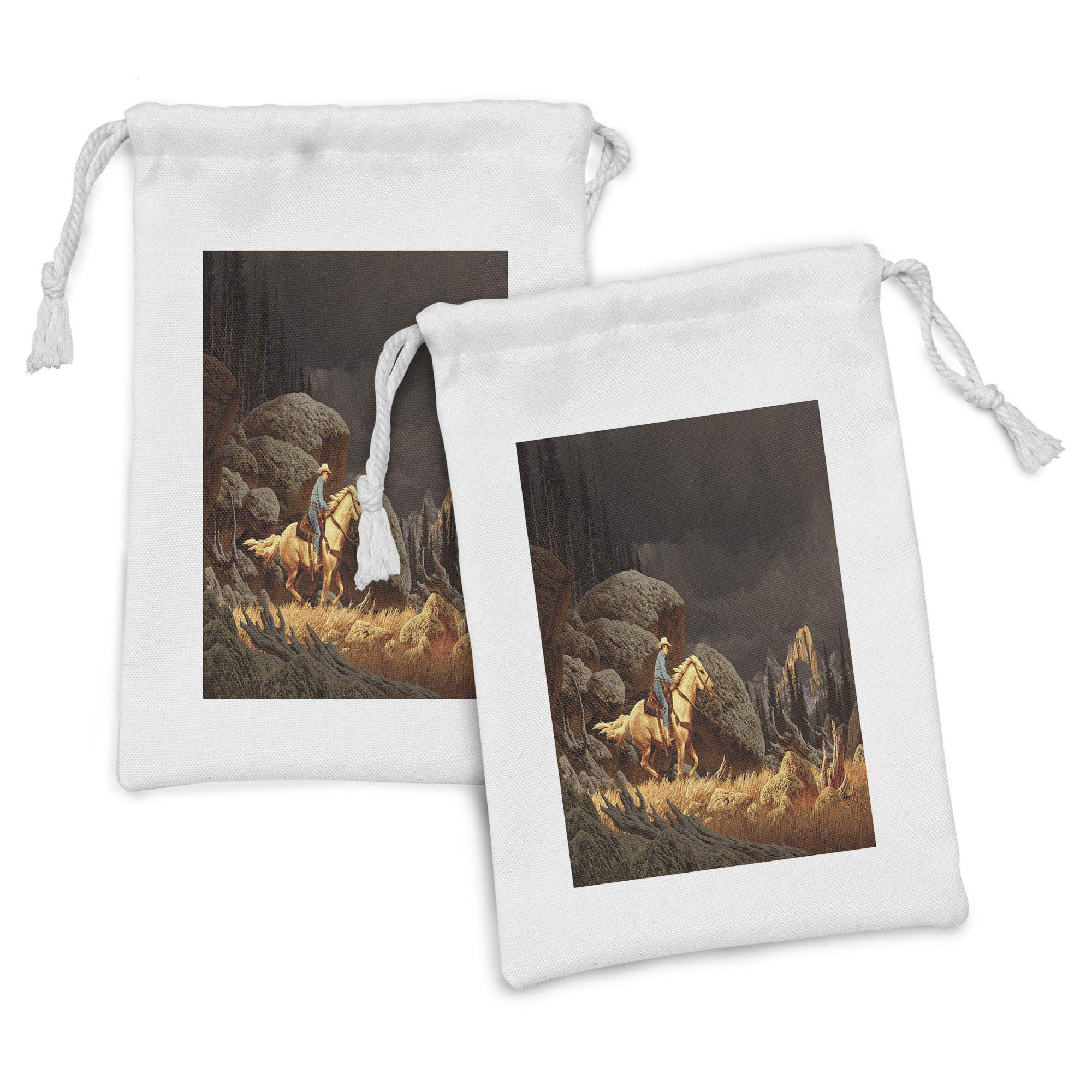 Ambesonne Western Fabric Pouch Set of 2 - Cowboy Riding Horse & Mountain Landscape Drawstring Bags (9