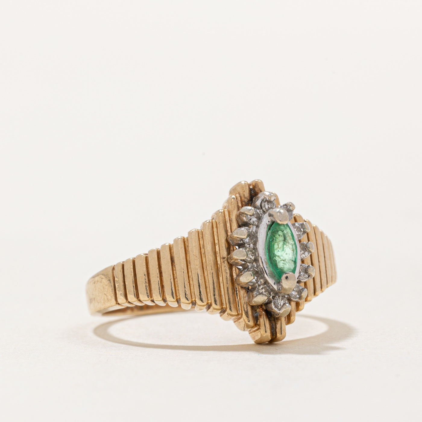 Emerald & Diamond Halo Fluted Tapered Ring - 0.08ct Center Stone & 0.06ctw Side Stones | Size 6.25 | Elegant Engagement, Wedding, or Anniversary Jewelry Gift for Her