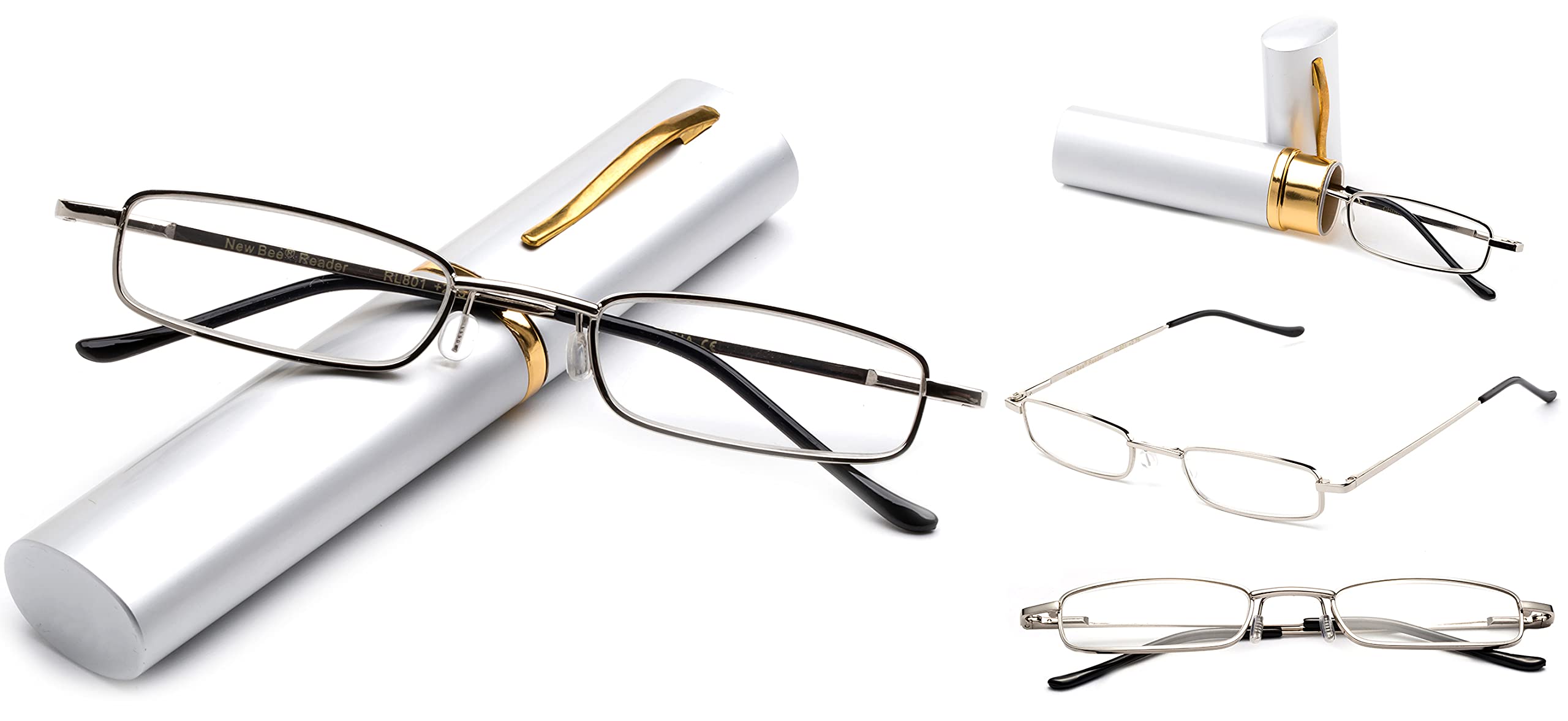 Newbee Fashion Ultra Compact Spring Temple Reading Glasses with Portable Pocket Clip & Aluminum Case - Lightweight Readers for Reading, Travel, and Everyday Use