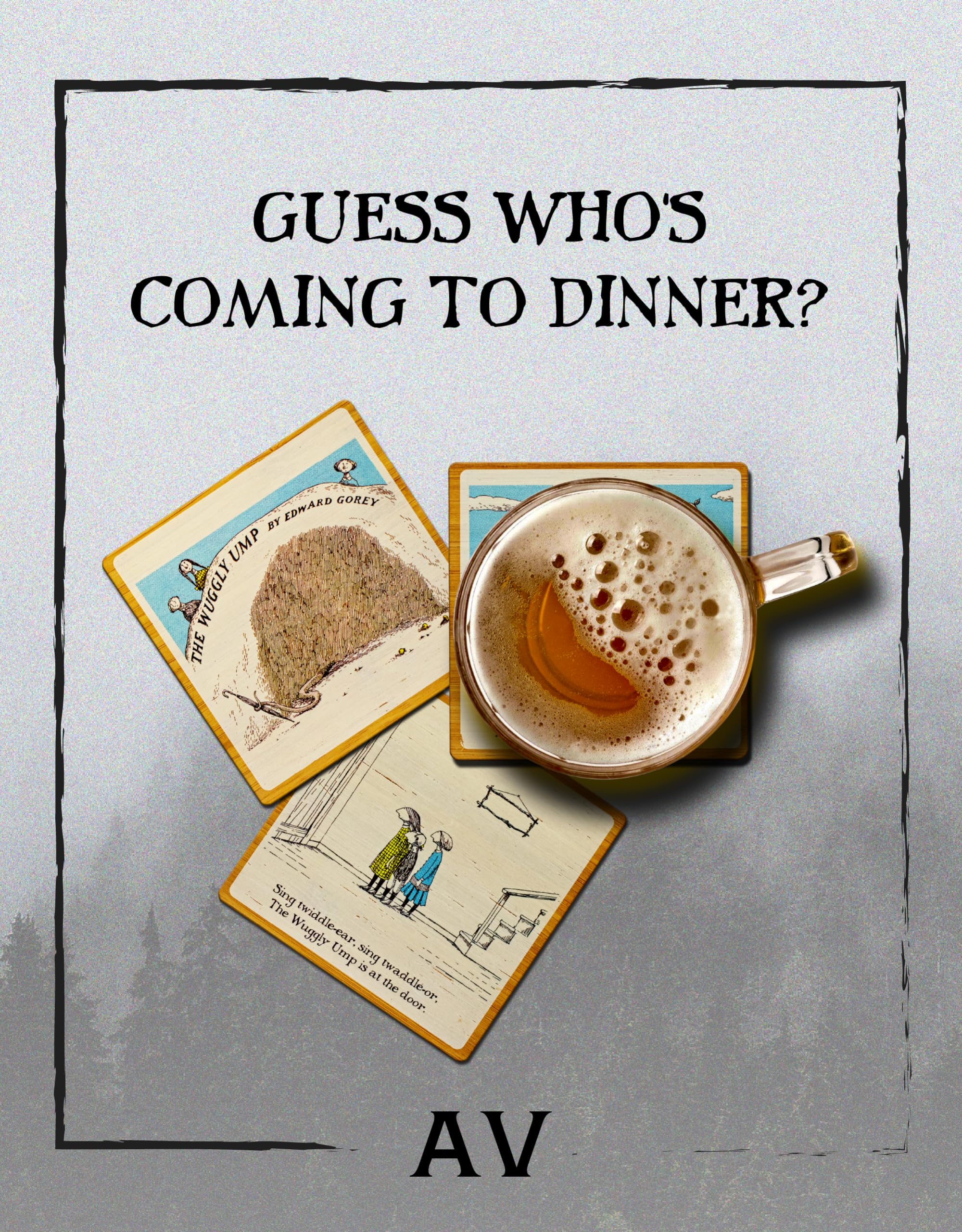 Edward Gorey™ Wuggly Ump Laser-Cut Bamboo Coaster Set - 5 Pack Square Drink Coasters for Coffee Tables, Home & Kitchen Decor - Perfect for Protecting Surfaces from Hot & Cold Beverages
