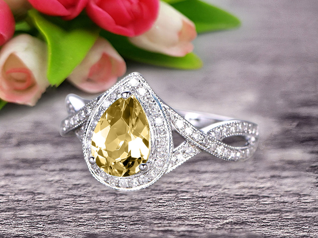 1.50 Carat Pear Shape Champagne Moissanite Engagement Ring in 10K White Gold with Halo Setting - Perfect for Proposals, Weddings & Anniversaries