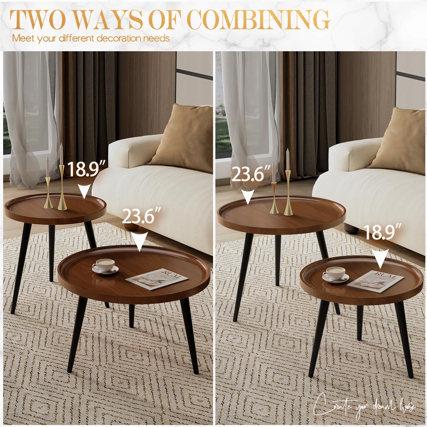 2-Piece Mid Century Modern Round Walnut Coffee Table Set - Easy Assembly Nesting Living Room Tables - Small Circle Side Tables for Sofa, Bedside, Office & Balcony - Perfect for Small Spaces & Home Decor