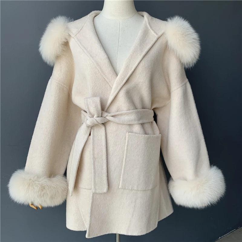 Luxury Women's Winter Coat with Real Fox Fur Hood & Cuffs - 100% Natural Fur, Cashmere Wool Blend, Oversized Loose Fit Jacket for Cold Weather - Perfect for Snowy Days, Outdoor Activities & Fashionable Winter Outfits