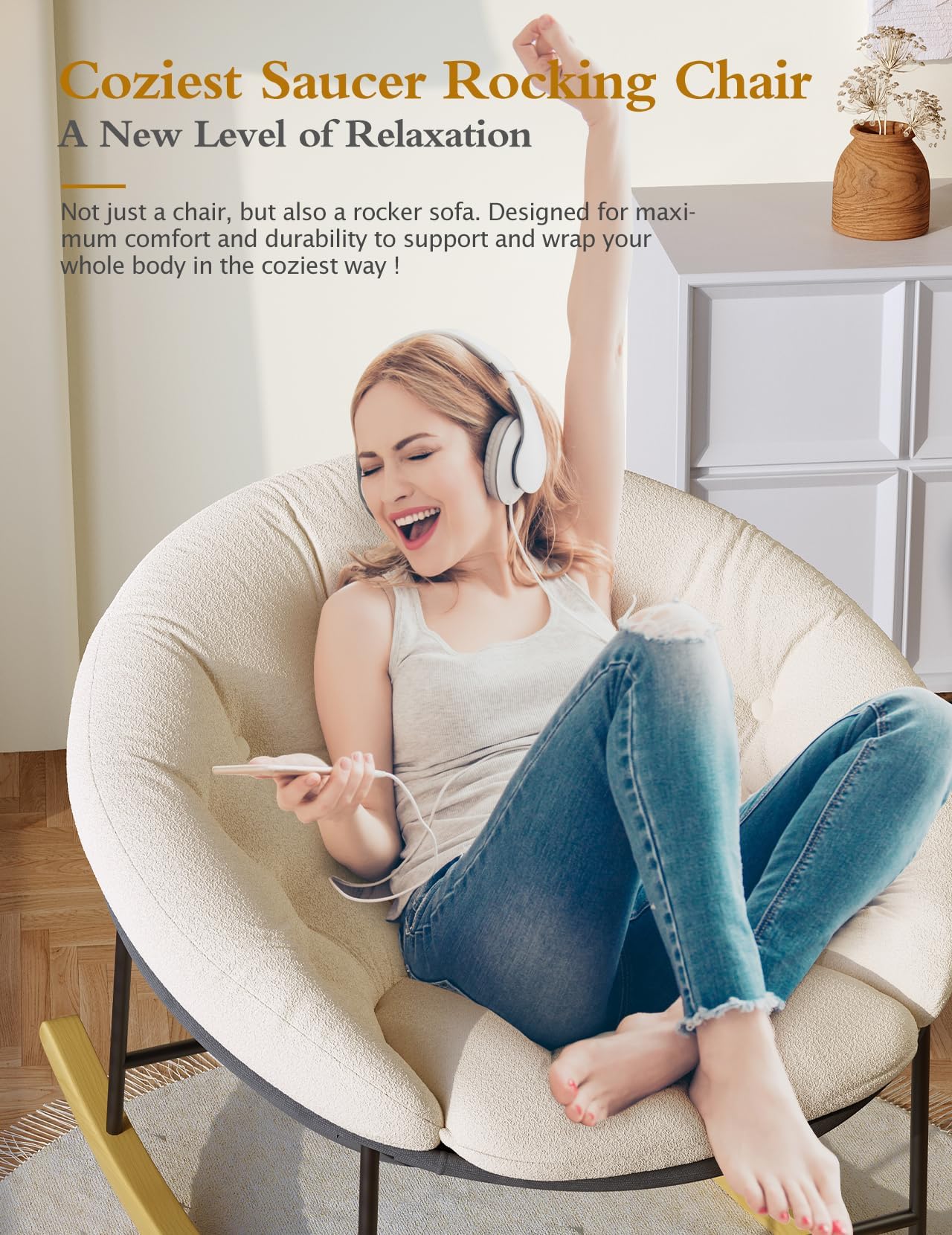 Kidirect Modern Upholstered Nursery Rocking Chair with Cozy Cushion - Comfortable Baby Rocker & Saucer Sofa Chair for Reading, Nursing, and Relaxing - Perfect for Nursery, Living Room, Bedroom (Beige)