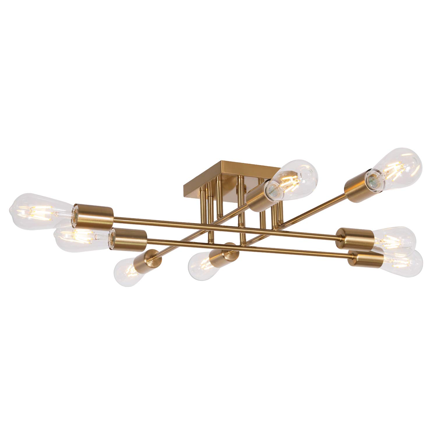VINLUZ Modern Semi Flush Mount Ceiling Light - 8-Light Brushed Brass Industrial Sputnik Chandelier - Mid Century Lighting Fixture for Dining Room, Living Room, Kitchen, Bedroom, Foyer - Perfect for Vintage Home Decor & Industrial Style Interiors