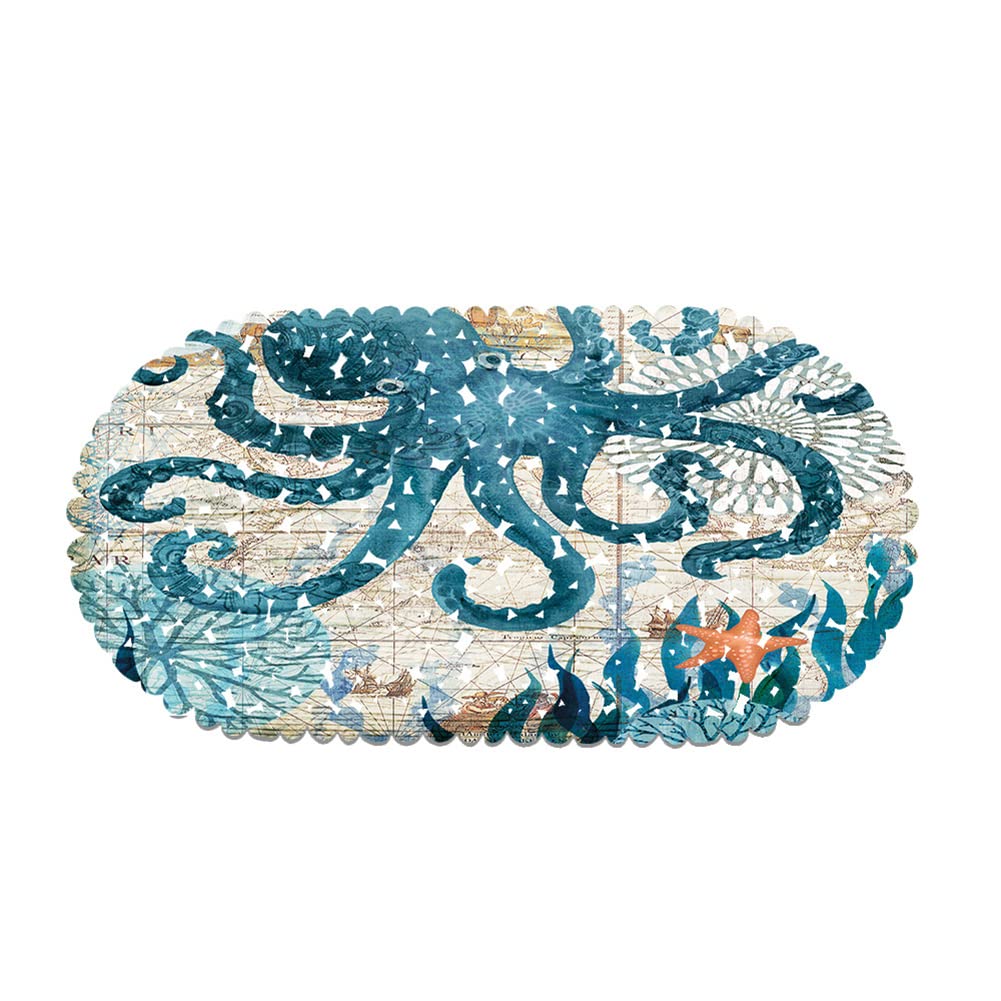 Non-Slip Octopus Bathtub Mat with Suction Cups - Safety Vinyl Anti-Skid Shower Mat for Baby & Kids - Coastal Ocean Beach Nautical Bathroom Decor - Perfect for Bath Safety, Nursery, and Coastal-Themed Home Decor