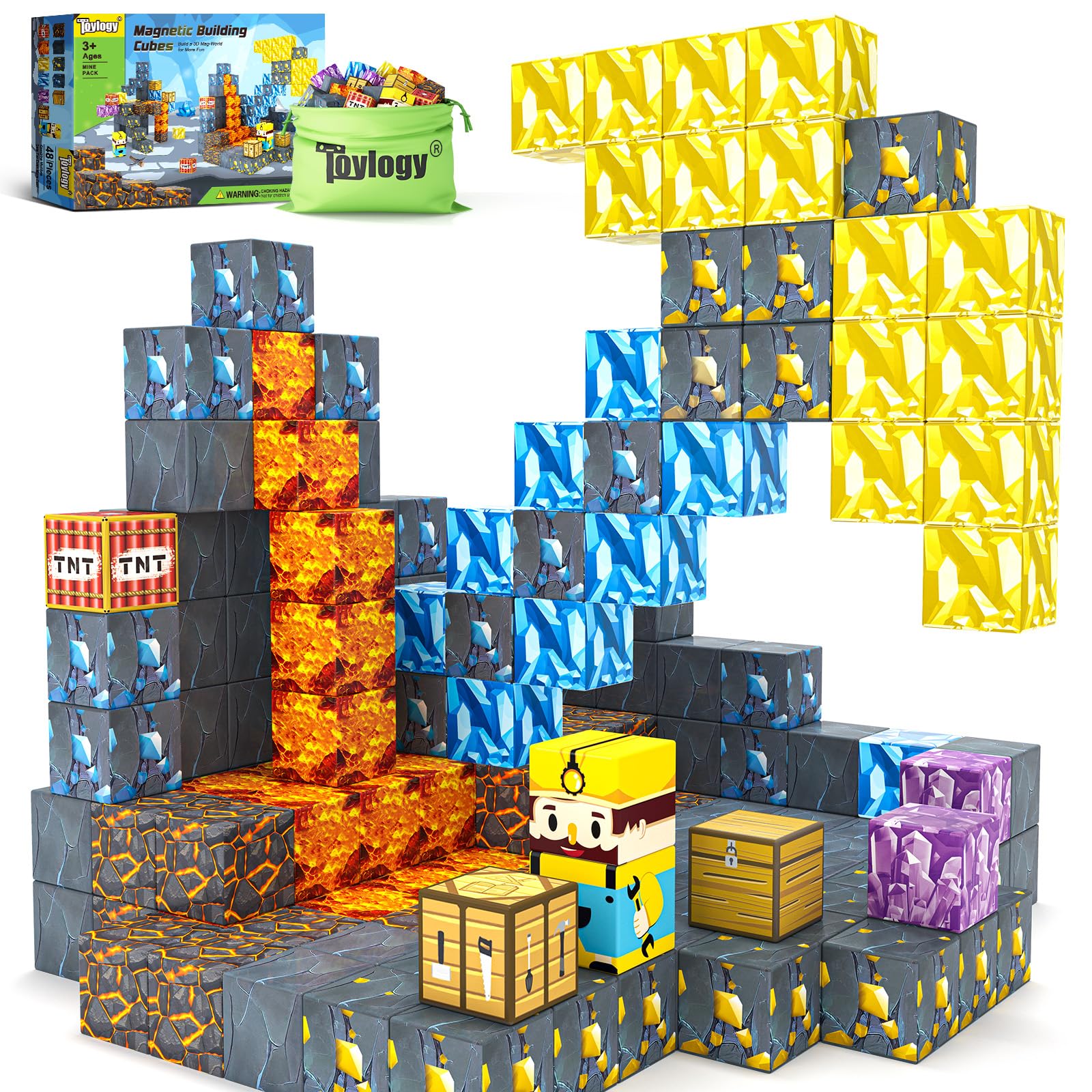 Magnetic Building Blocks for Kids Ages 3-8 - STEM Educational Construction Toys with Pickaxe & Cavern Theme for Boys & Girls - Creative Sensory Play for Indoor & Outdoor Use - Perfect for Preschool Learning & Birthday Gifts
