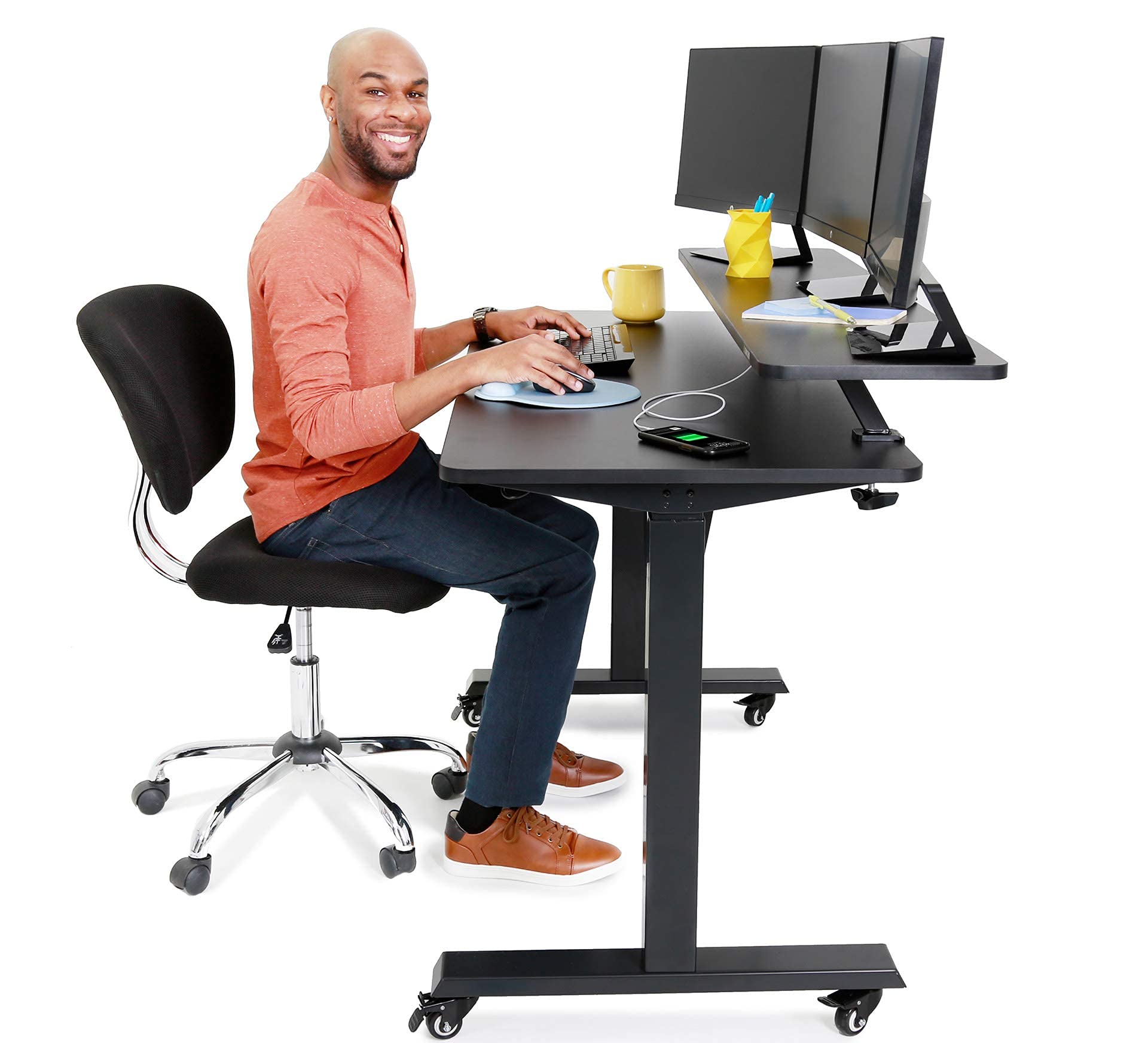 Tranzendesk Power 55 Inch Electric Standing Desk with Built-In Charging | Height Adjustable Stand Up Desk with Clamp-On Shelf | Electronic Desk with 1 AC Outlet & 2 USB Ports (55/Black) | Perfect for Home Office, Gaming Setup & Workspace Ergonomics