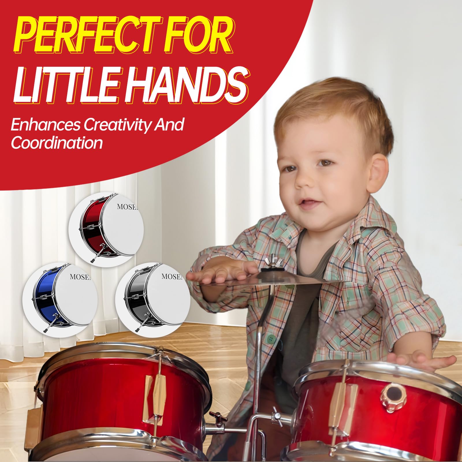 MOSEN 3-Piece Kids Drum Set with Adjustable Throne, Cymbal, Pedal & Drumsticks - Beginner Junior Drum Kit with Bass, Tom & Snare Drum (Red) - Perfect for Home Practice, Music Lessons & Birthday Gifts for Toddlers & Young Children