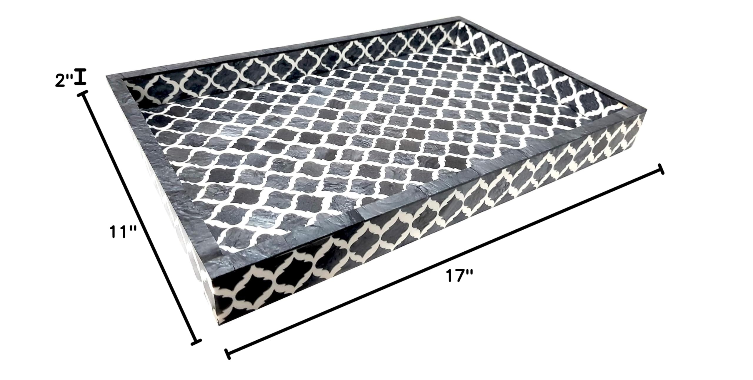 Handmade Moroccan Quatrefoil Inlay Tray - Designer Bone Inlay Coffee Table Decor, Grey Moorish Handicraft Tray for Breakfast, Jewelry & Home Decor | Perfect for Living Room, Bedroom & Office
