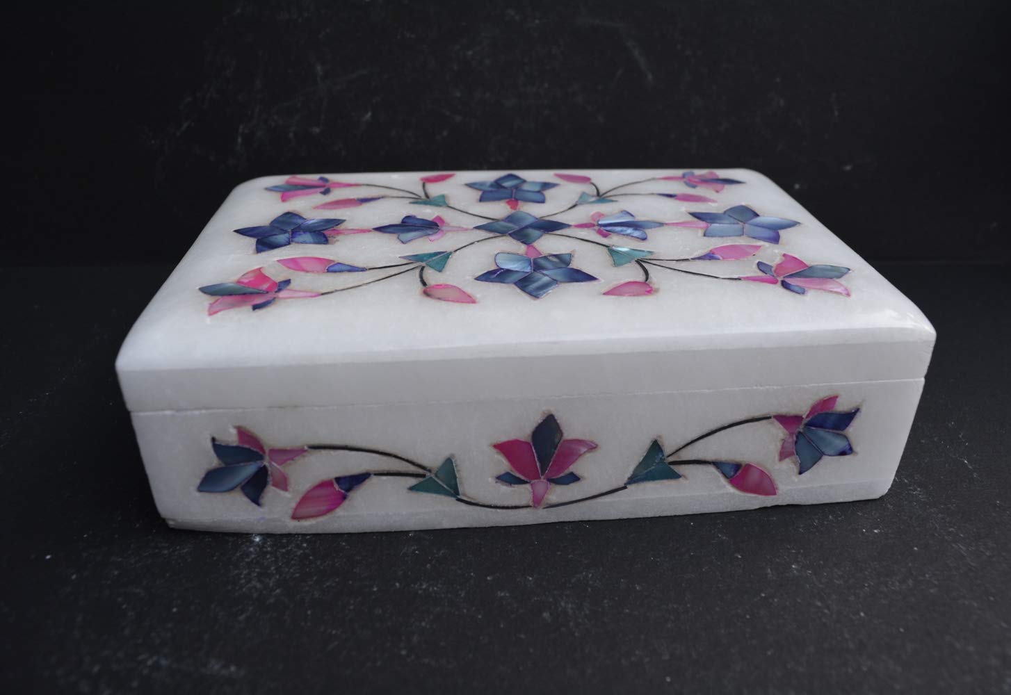 Handmade Marble Inlay Pietra Dura Jewelry Box 6x4 Inch - Floral Gemstone Decorative Storage Box for Jewelry, Dry Food & Chocolates | Elegant Home Decor & Gift Idea for Women