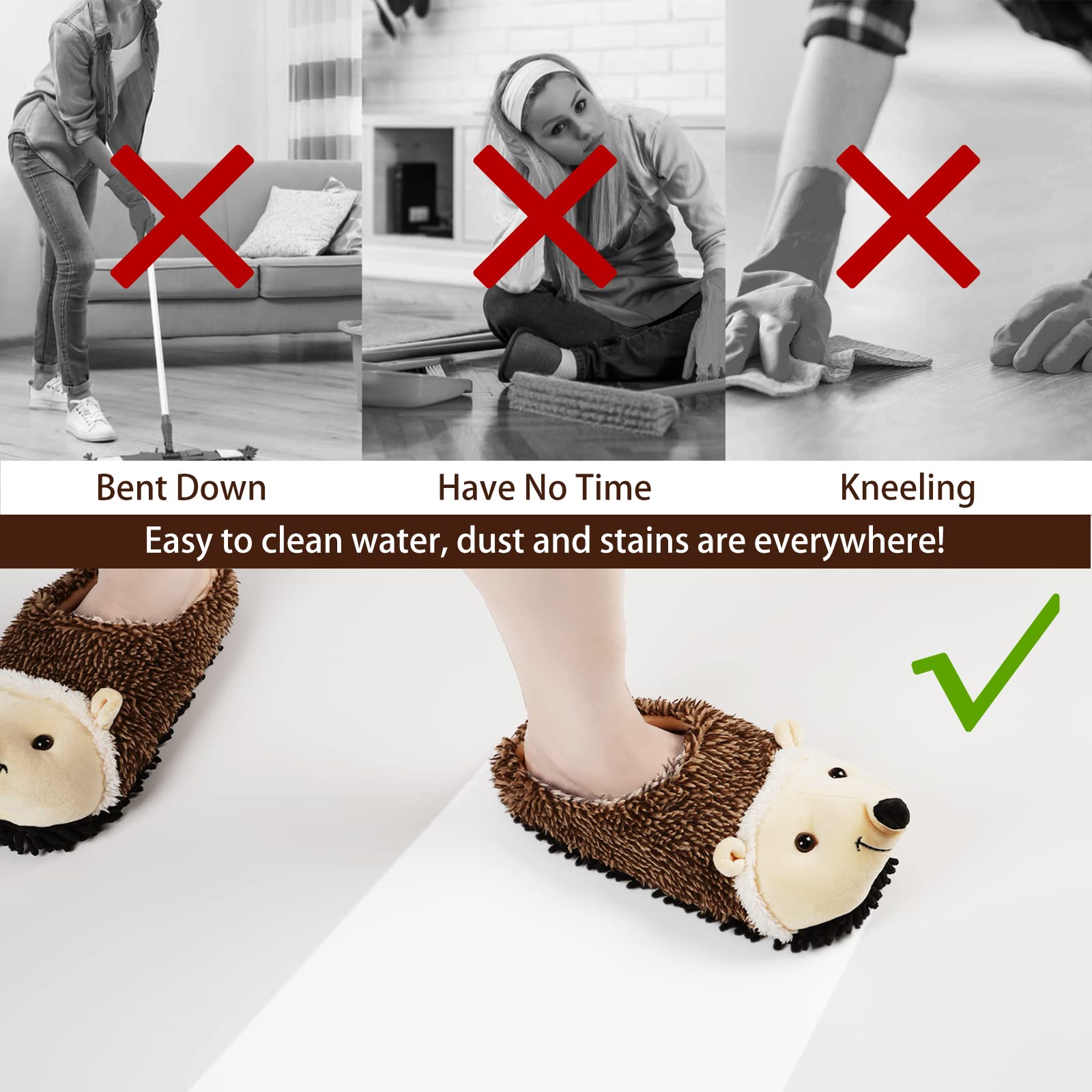 Liitrton Cartoon Hedgehog Microfiber Slippers - Washable Mop Slippers for Cleaning Floors | Dust & Hair Removal | Women's 7.5-8.5/Men's 6-7 | Perfect for Office, Home & Pet Owners