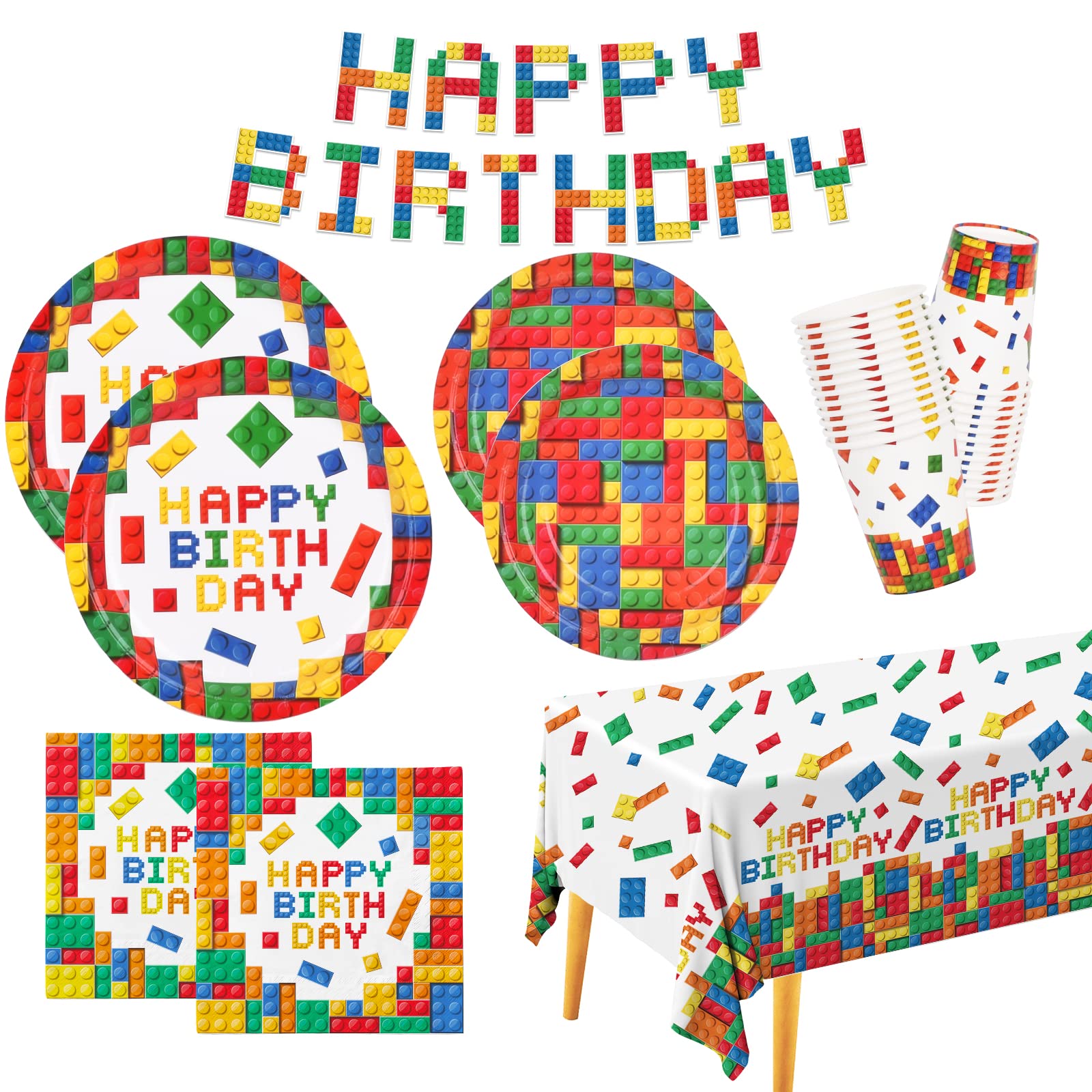 Colorful Building Block Party Supplies Set - Paper Plates, Napkins, Cups, Tablecloth & Banner for Kids Birthday Decorations (Serves 25) - Perfect for Lego-Themed Parties, Children's Celebrations & Building Block Birthday Decor