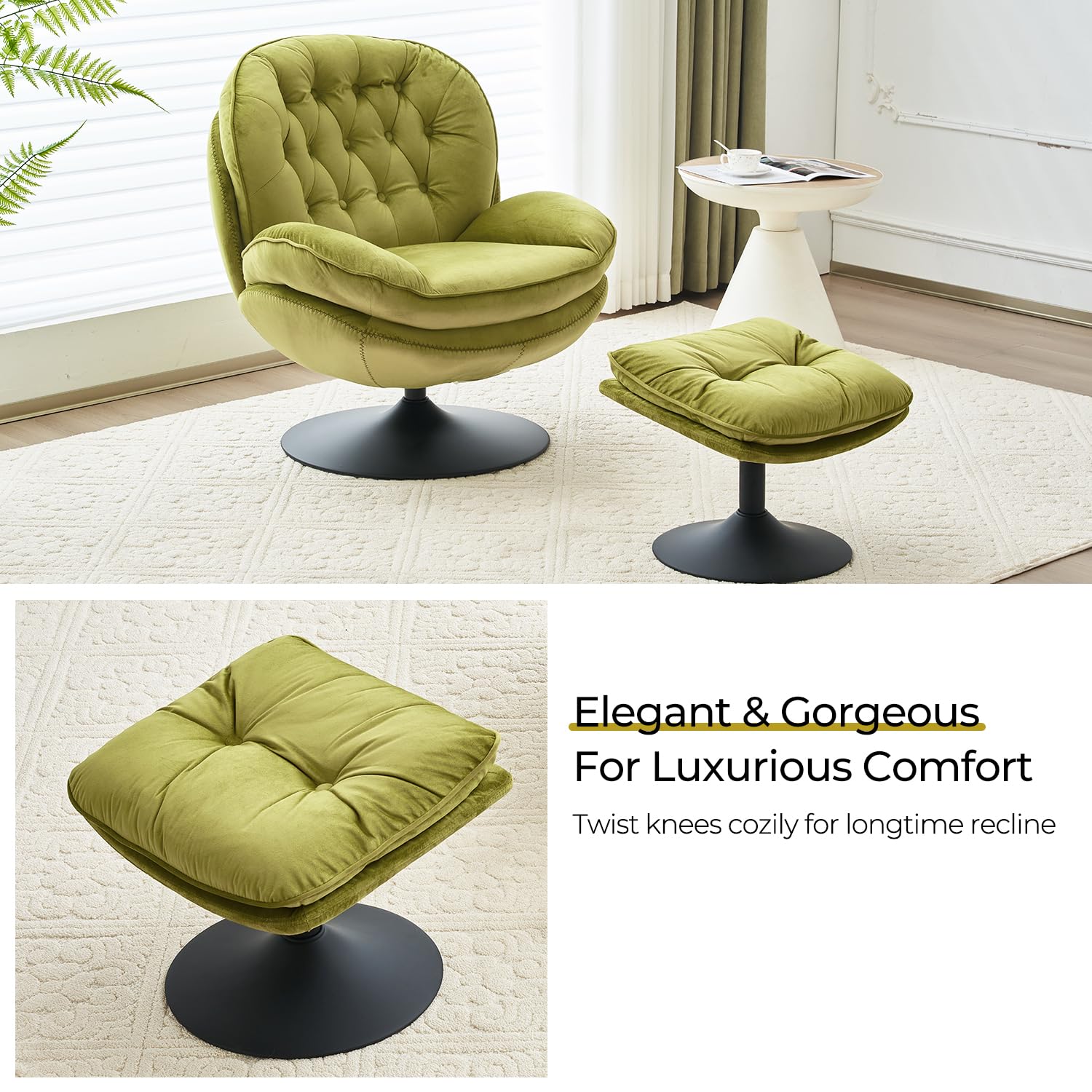 Velvet Swivel Accent Chair with Ottoman Set - Modern Tufted Armchair with Footrest for Living Room, Bedroom & Office - 360-Degree Swivel Reading TV Chair for Adults - Olive Green Chaise Lounge - Perfect for Relaxing, Entertaining & Small Spaces