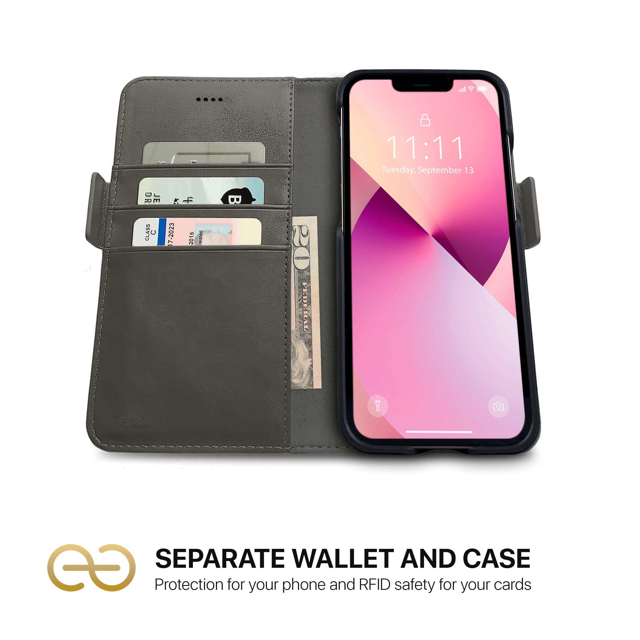 Dreem Fibonacci Vegan Leather Wallet Case for iPhone 13 - 2-in-1 Detachable Cover with Built-in Kickstand, RFID Blocking Card Holder & MagSafe Compatibility (Grey) | Perfect for Work, Travel & Everyday Protection