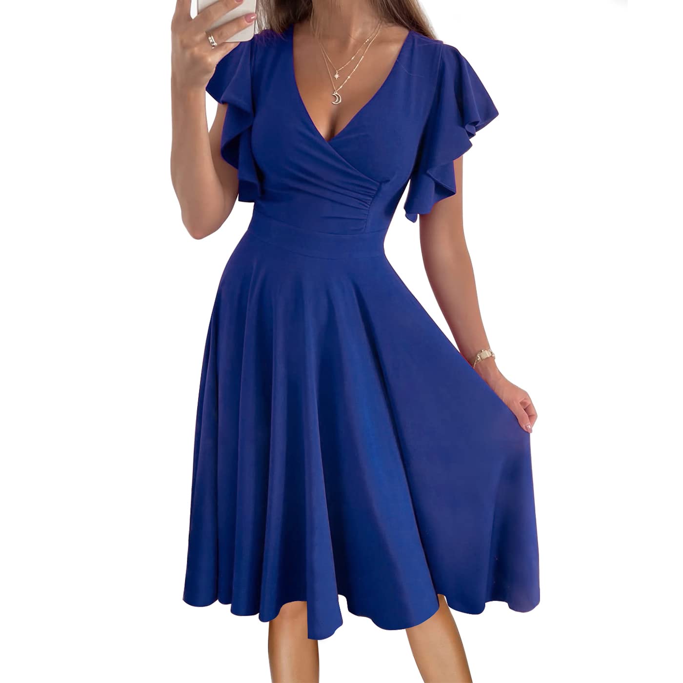 Elegant Women's Cocktail Wrap Dress - V-Neck Ruffled Short Sleeve A-Line Midi Dress with Pockets for Wedding Guest, Office Work & Formal Events