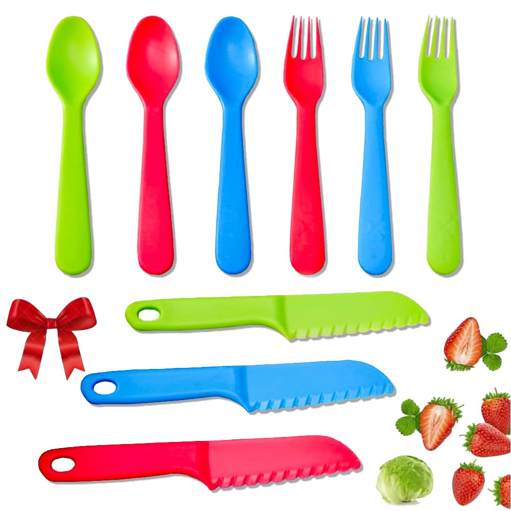 **Jawbush 9-Piece Kids Plastic Cutlery Set - BPA-Free Toddler Utensils with Nylon Knives, Forks & Spoons for School Lunch Box, Dishwasher Safe & Colorful Silverware - Perfect for Home, Travel & Daycare**