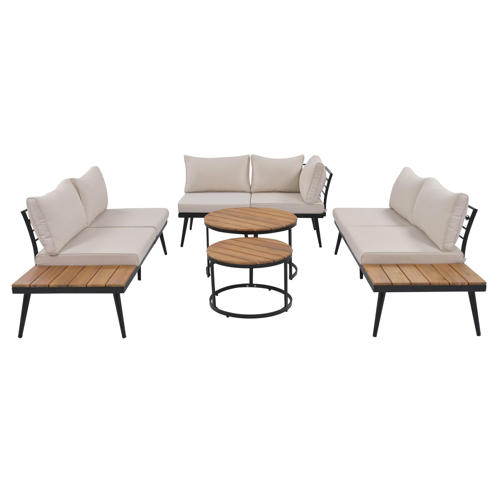 6-Piece Outdoor Sectional Sofa Set with Round Nesting Coffee Tables & Cushioned Seating - Patio, Porch, Garden Furniture for Backyard, Poolside & Outdoor Living Spaces