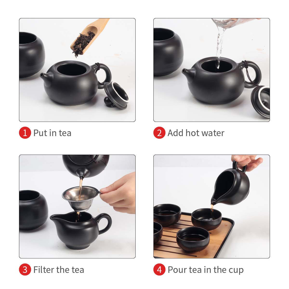 Premium Chinese Ceramic Tea Set with Tray & Infuser - Portable Travel Tea Pot & Cups in All-in-One Bag for Outdoor, Picnic, Business & Hotel Use (Black) - Perfect for Home, Office & Gifting